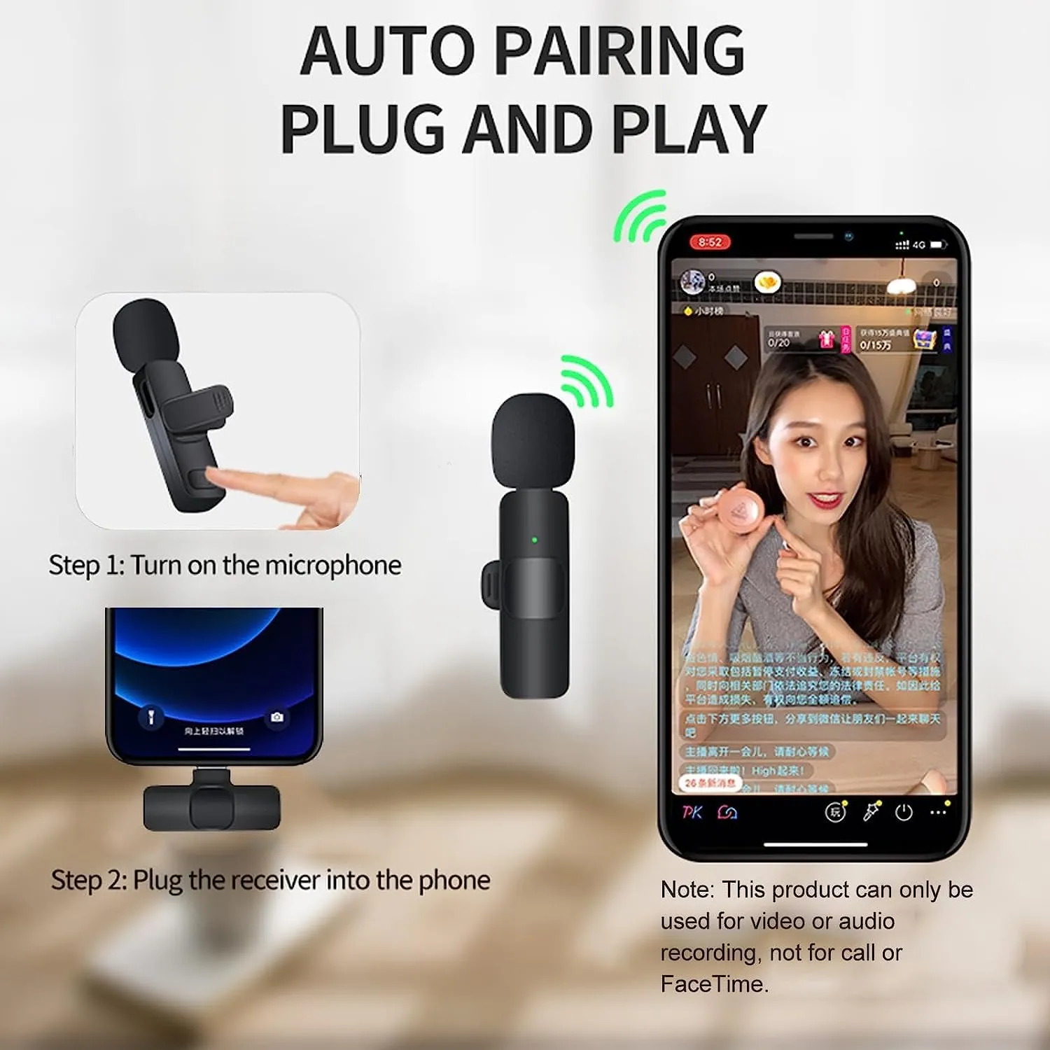 71pv91Kk6ZL._AC_SL1500_ K8 Wireless Lavalier Microphone Plug and Play for iPhone Android 20 m(65 feet) Synchronized Transmission Clear Receiving Intelligent Noise Cancellation Wireless Microphone