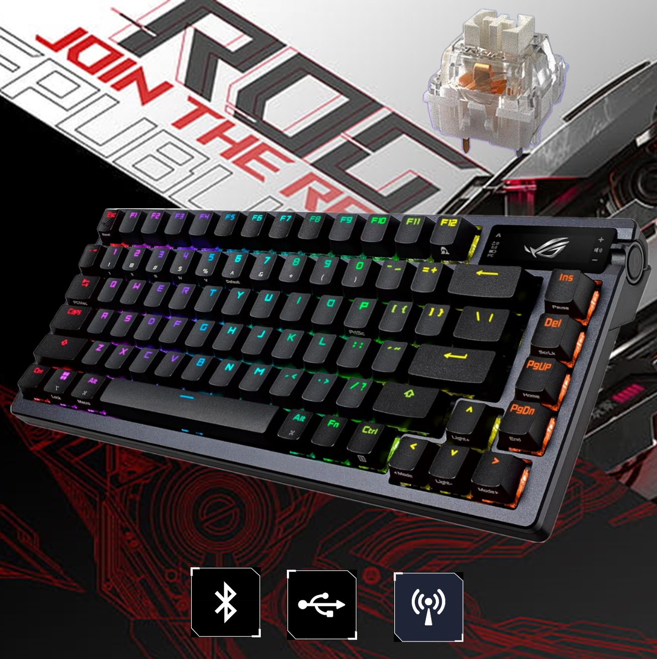 ASUS ROG Azoth 75 Wireless Custom Gaming Keyboard Hot-Swap (1) 90MP031A-BKAA01 ROG Azoth 75 Wireless Custom Gaming Keyboard ASUS ROG Azoth 75 Wireless DIY Custom Gaming Keyboard, OLED Display, Gasket-Mount, Three-Layer Dampening, Hot-Swappable Pre-lubed ROG NX Snow Switches & Keyboard Stabilizers, PBT Keycaps, RGB | BLACK