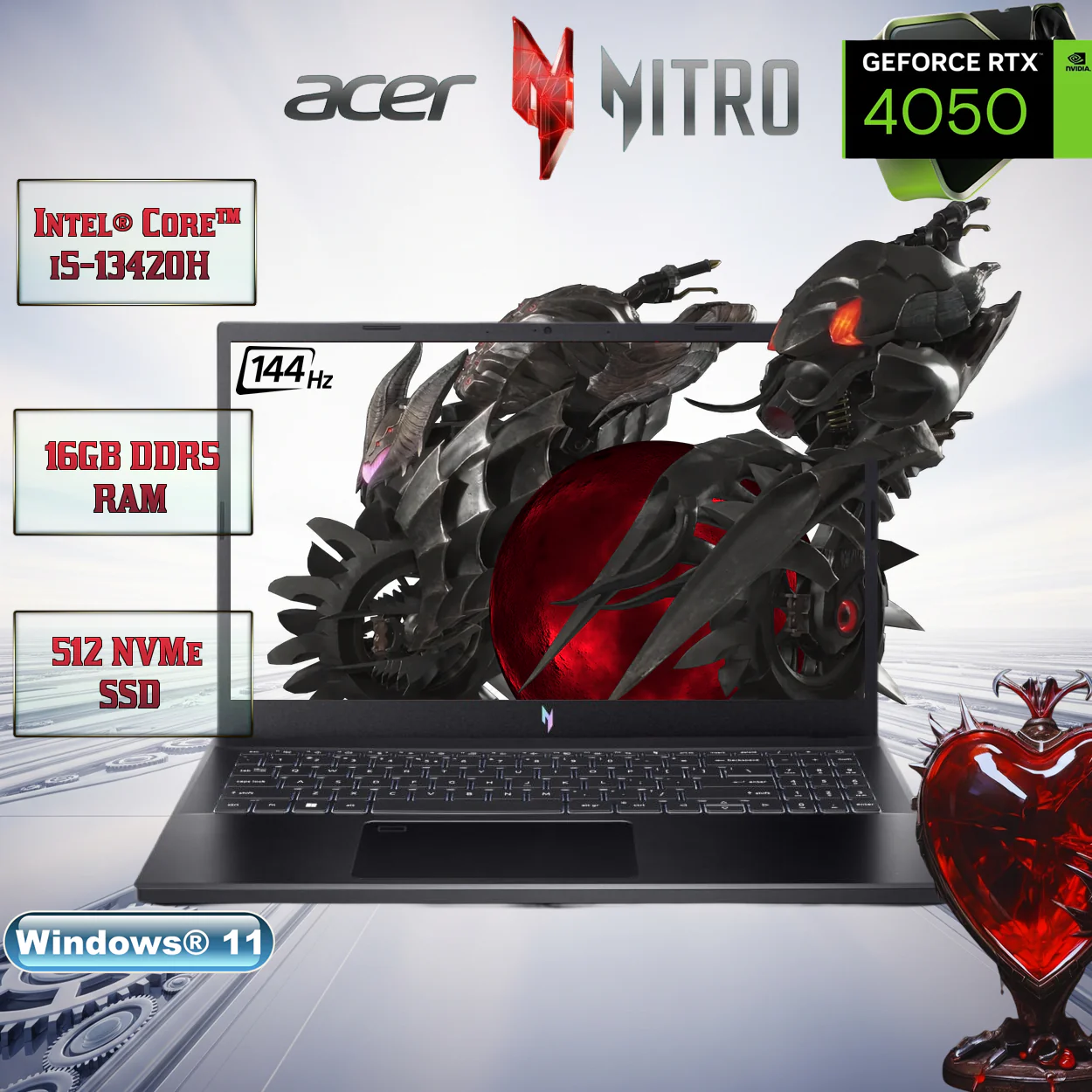 Acer Nitro V 15 Gaming Laptop, i5-13420H, RTX 4050 6GB Model: ANV15-51-50N9 Part: NH.QN8SA.001 ACER NITRO V15 I5-13420H DDR5 16GB / 512GB / 15.6" / FHD / 4050,6G / WIN11 ACER Nitro V 15 Intel® Core™ i5-13420H | 16GB DDR5 RAM | 512GB NVMe SSD | RTX™ 4050 , 6GB | 15.6” FHD IPS Display at 144Hz | White Backlit Keyboard | Windows 11 | BLACK NH.QN8SA.001