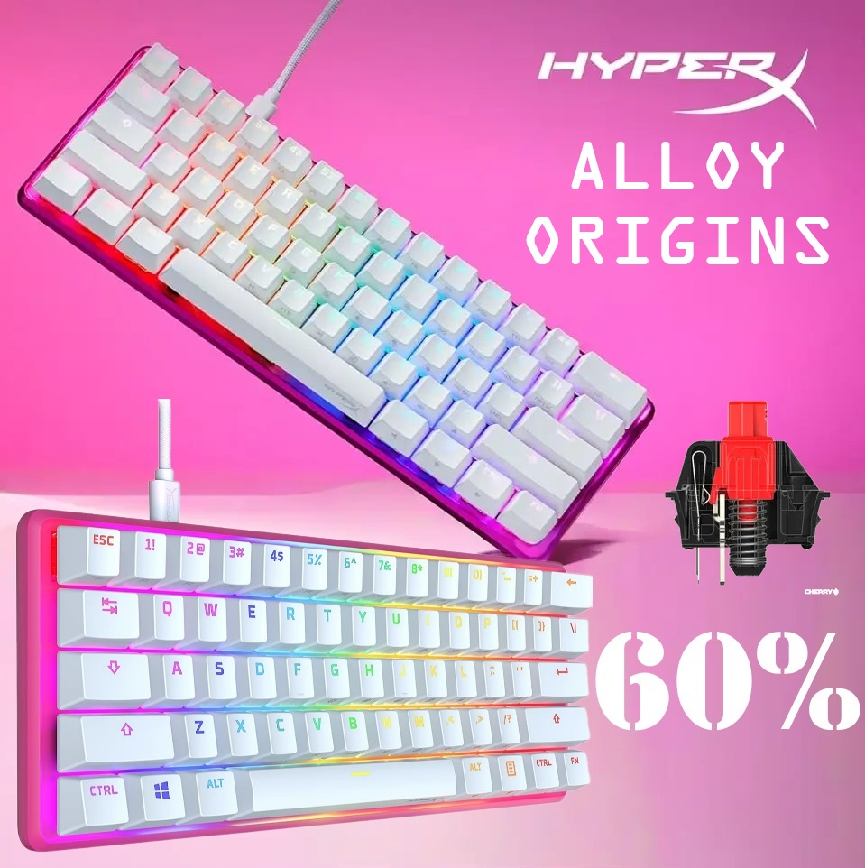 Alloy Origins 60 PINK Mechanical Keyboard Red Switch 60% (2) 572Y6AA#ACB Alloy Origins 60 PINK Mechanical Keyboard HyperX Alloy Origins 60 - Mechanical Gaming Keyboard, Ultra Compact 60% Form Factor, Double Shot PBT Keycaps, RGB LED Backlit, NGENUITY Software Compatible - Linear HyperX Red Switch | PINK WHITE