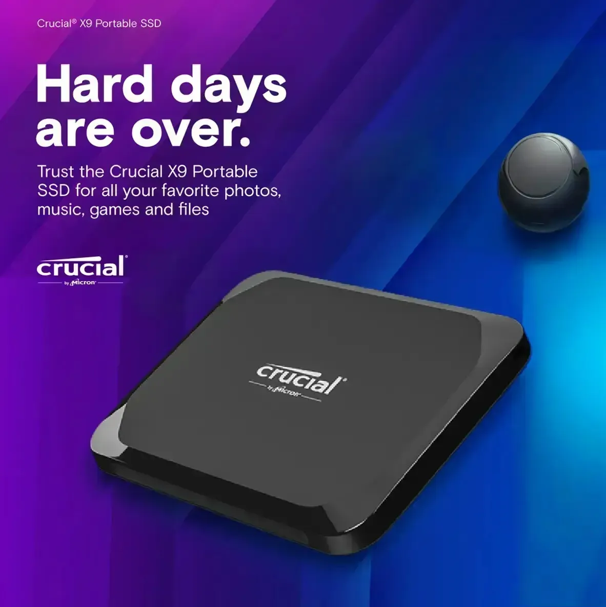 Crucial X9 2TB Portable SSD 1050MBs USB C CRU-EXT-SSD-X9-1T Crucial X9 1TB Portable SSD 1050MBs USB C Crucial X9 1TB Portable SSD - Reads up to 1050MB/s - Lightweight and Small Storage for backups, Videos and Photos with Mylio Photo Management Offer - PC and Mac - USB 3.2 - External Solid State Drive