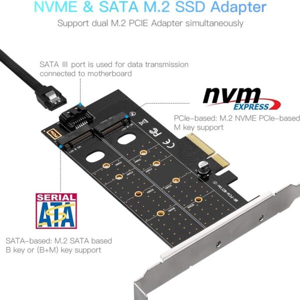 SPB044 Dual NGFF PCIe to M2 2 ports M Key and B Key  Dual M.2 PCIe Adapter,  NGFF PCI-e 3.0 x 4 to SATA or PCIE NVMe SSD Expansion Card Support NVME (m Key) or SATA (b Key) 22110/ 2280/ 2260/ 2242 /2230 Host Controller Express Card