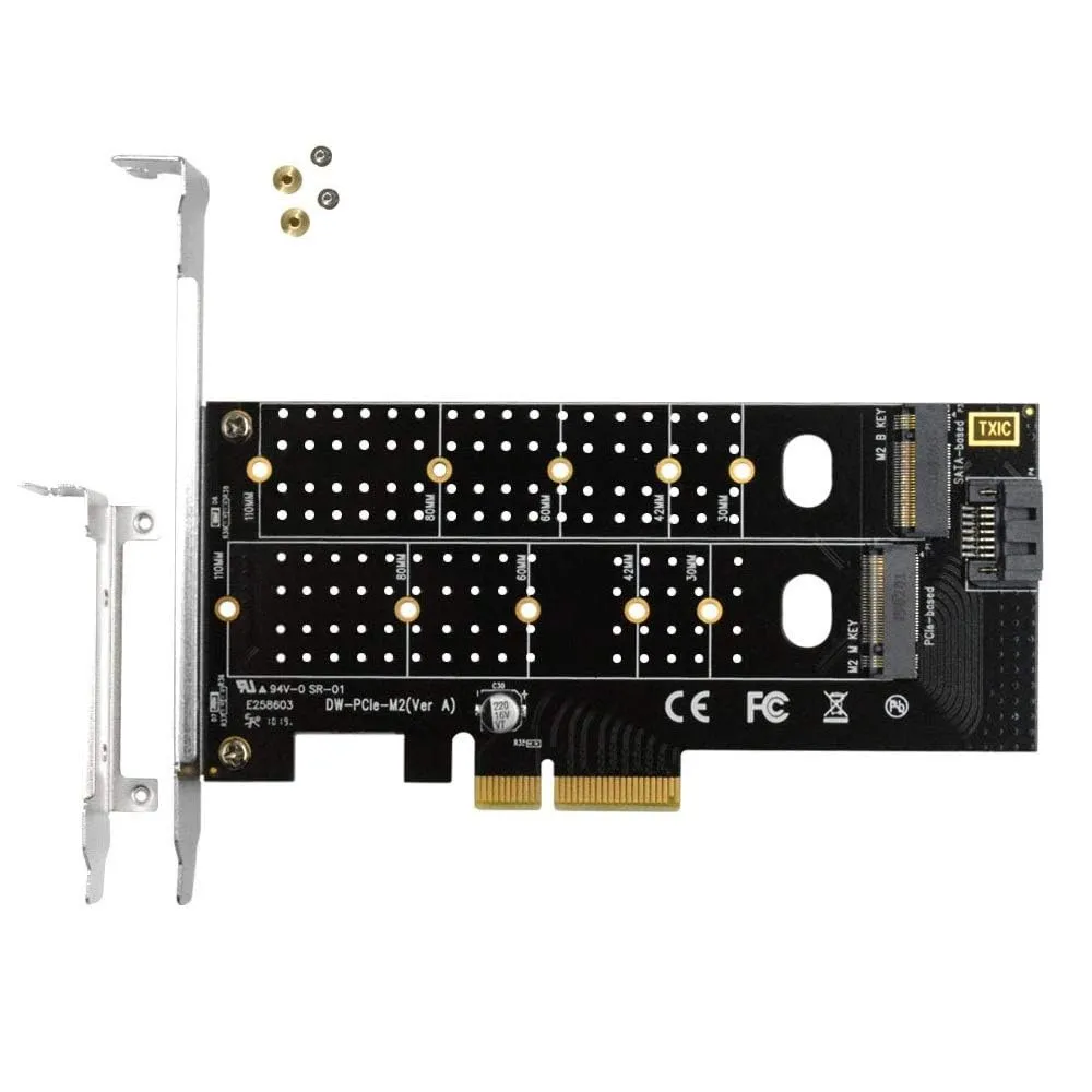 SPB044 Dual NGFF PCIe to M2 2 ports M Key and B Key  Dual M.2 PCIe Adapter,  NGFF PCI-e 3.0 x 4 to SATA or PCIE NVMe SSD Expansion Card Support NVME (m Key) or SATA (b Key) 22110/ 2280/ 2260/ 2242 /2230 Host Controller Express Card