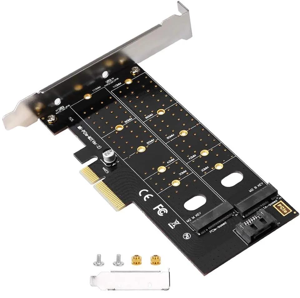 SPB044 Dual NGFF PCIe to M2 2 ports M Key and B Key  Dual M.2 PCIe Adapter,  NGFF PCI-e 3.0 x 4 to SATA or PCIE NVMe SSD Expansion Card Support NVME (m Key) or SATA (b Key) 22110/ 2280/ 2260/ 2242 /2230 Host Controller Express Card