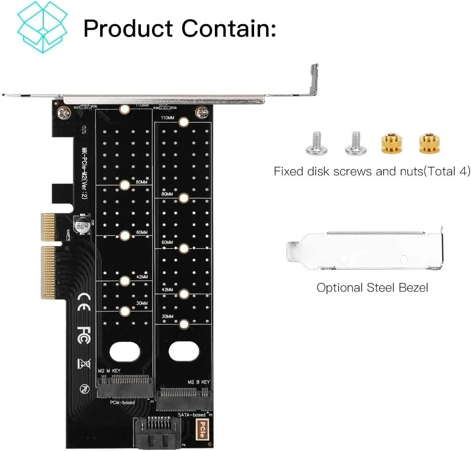 SPB044 Dual NGFF PCIe to M2 2 ports M Key and B Key  Dual M.2 PCIe Adapter,  NGFF PCI-e 3.0 x 4 to SATA or PCIE NVMe SSD Expansion Card Support NVME (m Key) or SATA (b Key) 22110/ 2280/ 2260/ 2242 /2230 Host Controller Express Card