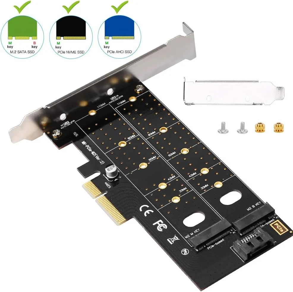 SPB044 Dual NGFF PCIe to M2 2 ports M Key and B Key  Dual M.2 PCIe Adapter,  NGFF PCI-e 3.0 x 4 to SATA or PCIE NVMe SSD Expansion Card Support NVME (m Key) or SATA (b Key) 22110/ 2280/ 2260/ 2242 /2230 Host Controller Express Card