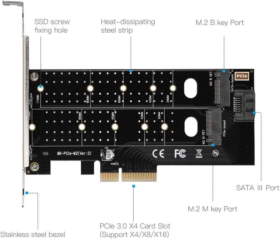SPB044 Dual NGFF PCIe to M2 2 ports M Key and B Key  Dual M.2 PCIe Adapter,  NGFF PCI-e 3.0 x 4 to SATA or PCIE NVMe SSD Expansion Card Support NVME (m Key) or SATA (b Key) 22110/ 2280/ 2260/ 2242 /2230 Host Controller Express Card
