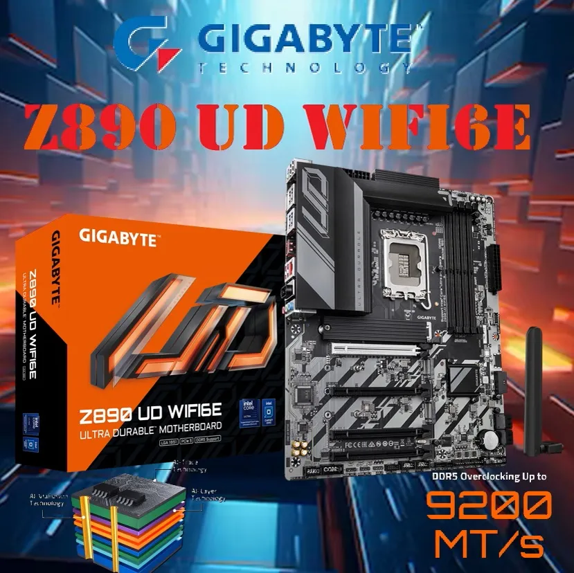 GIG-Z890-UD-WIFI6E Z890 UD WIFI6E Core Ultra Motherboard LGA1851 GIGABYTE Z890 UD WIFI6E Intel Core Ultra (Series 2) LGA 1851 Motherboard, ATX, DDR5, 3X M.2, PCIe 5.0, Front USB Type-C, WIFI6E, 2.5GbE LAN, EZ-Latch