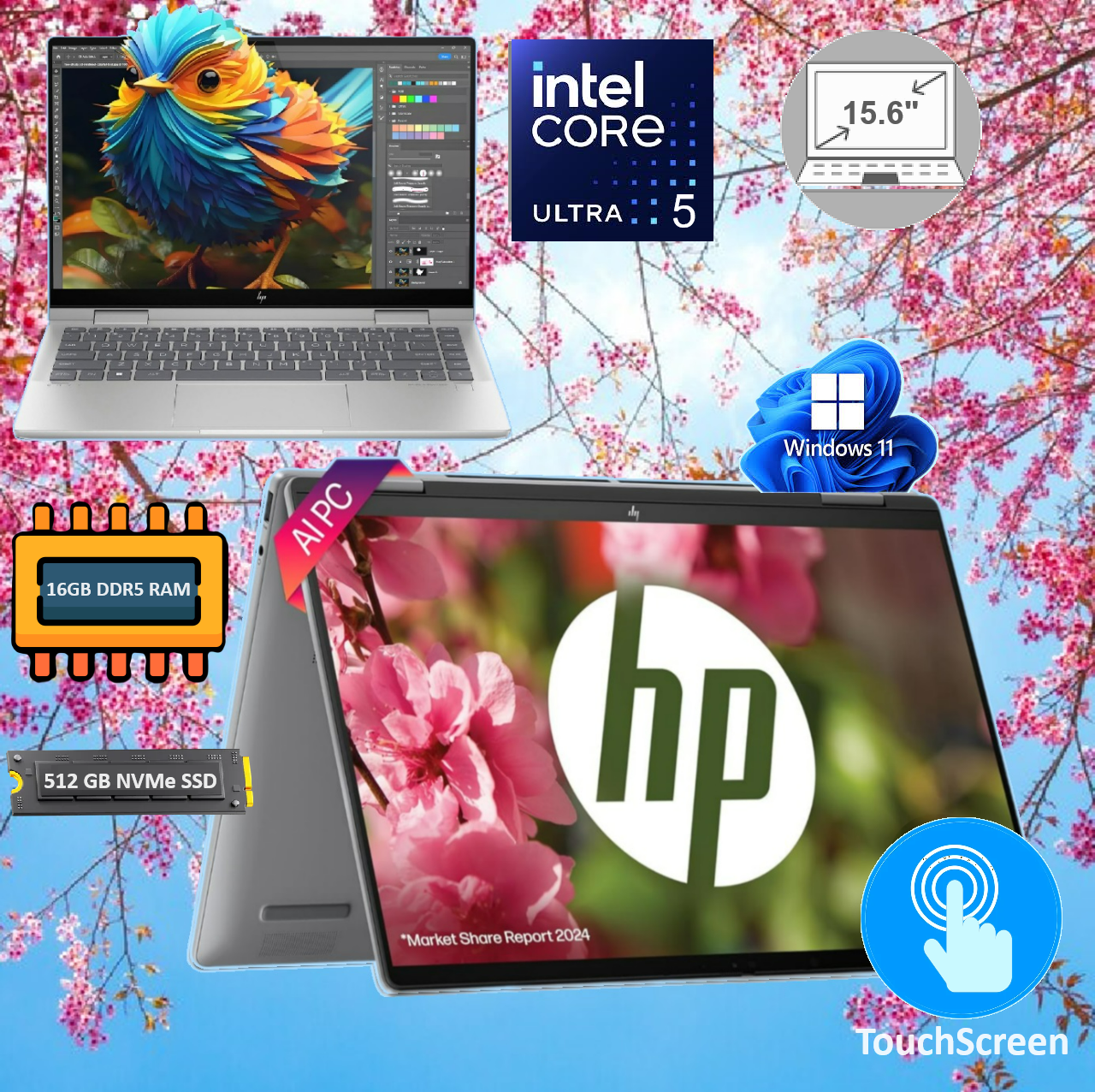 HP x360 2-in-1 TouchScreen Core 5 125U 16GB DDR5 RAM Win 11 (2) B1GP4U8R#ABA HP x360 2-in-1 TouchScreen Core 5 Ultra 125U HP ENVY x360 2-in-1 Laptop PC 15T-FE100 Intel® Core™ Ultra 5 125U | 16GB DDR5 RAM ; 512 GB SSD | 15.6-inch FHD IPS Touch Screen | Windows 11 | Intel® Graphics | Full-size Backlit Keyboard | Natural Silver ~ New Factory Refurb