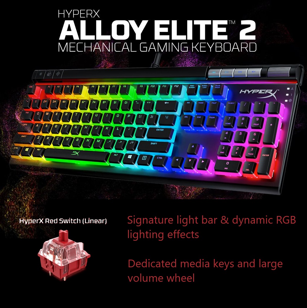 HyperX Alloy Elite 2 Mechanical Gaming Keyboard Red Switch (6) 4P5N3AX#ACB Alloy Elite 2 Mechanical Gaming Keyboard HyperX Alloy Elite 2 – Mechanical Gaming Keyboard, Software-Controlled Light & Macro Customization, ABS Pudding Keycaps, Media Controls, RGB LED Backlit, HyperX Linear Red Switch , USB Wired | Black