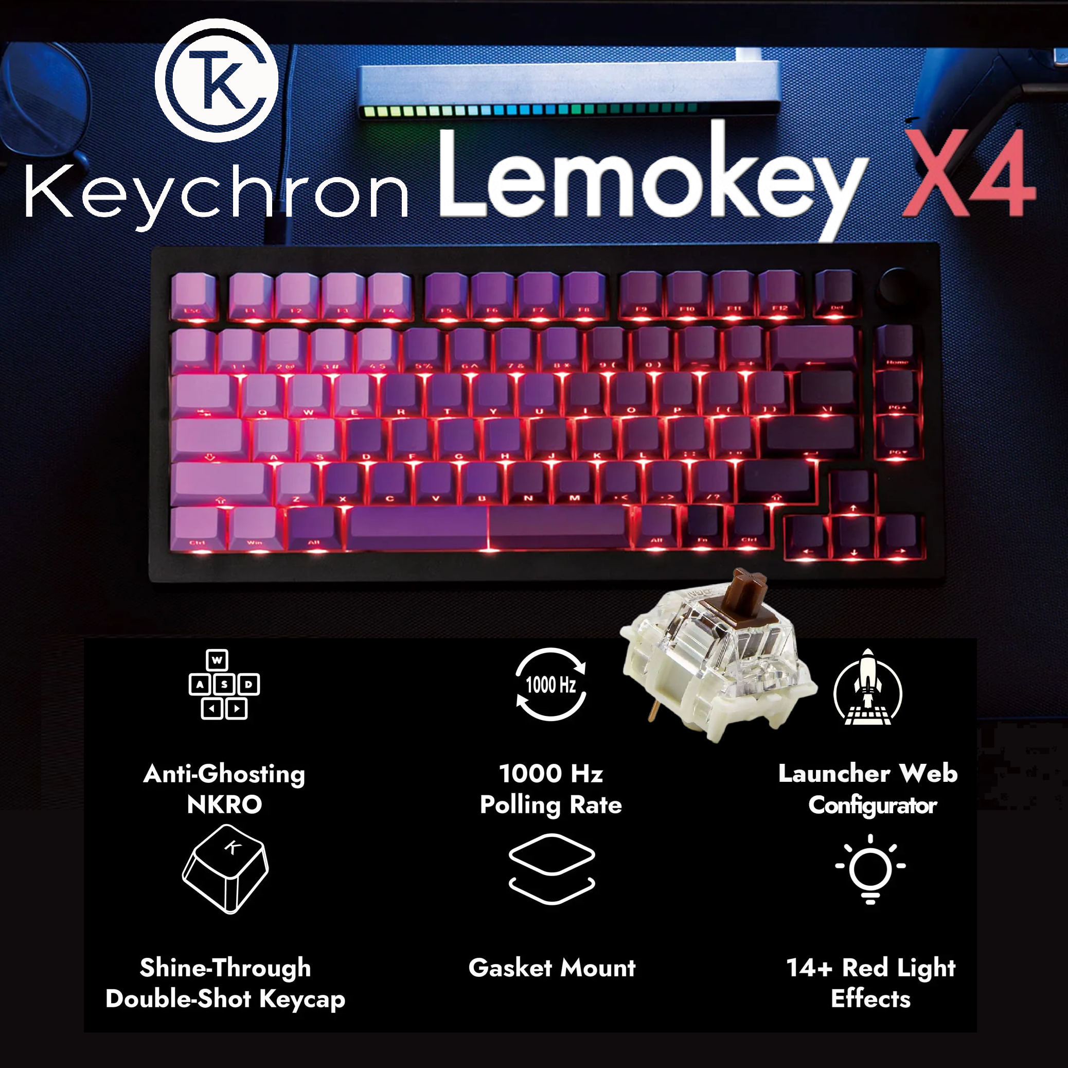 Lemokey-X4-3 X4-A3P X4 75 Layout Mechanical Keyboard w BROWN Switch Keychron Lemokey X4 75% Layout Mechanical Keyboard with BROWN Switches ; 1000Hz Polling Rate ; Pre-Lubed Shine-through Cherry Profile Side-Printed Double-Shot PBT Keycaps ; QMK Customizable ; N-key Rollover Anti-Ghosting ; Red Backlit ; for Windows/Linux/macOS | PURPLE X4-A3P