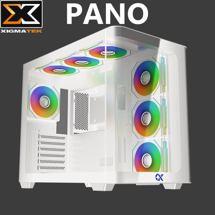 Nifty Pano ARGB Gaming Case E-ATX Curved Tempered Glass (2) w WHITE ARGB Gaming Case E-ATX 7 Fans XIGMATEK Pano WHITE ARGB Gaming Case E-ATX Support ; Curved Tempered Glass Panel ; 7 Build in ARGB 120mm Fans ; ARGB Remote Control Kit ; 3 USB 3.0 ports and 2 USB 2.0 ports + LED Switch | WHITE