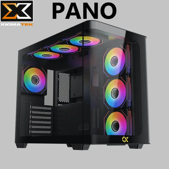 ARGB Gaming Case E-ATX Curved Glass 7 Fans Pano ARGB Gaming Case E-ATX Curved Tempered XIGMATEK Pano ARGB Gaming Case E-ATX Support ; Curved Tempered Glass Panel ; 7 Build in ARGB 120mm Fans ; ARGB Remote Control Kit ; 3 USB 3.0 ports and 2 USB 2.0 ports + LED Switch | BLACK