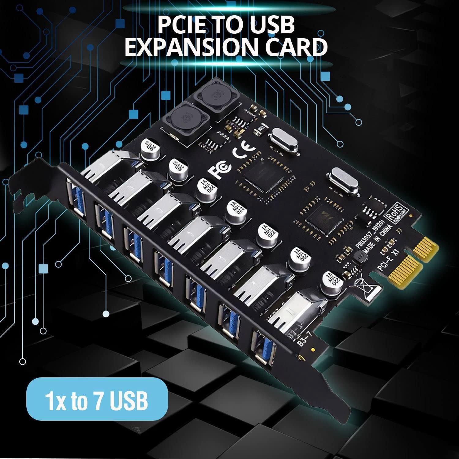 PCI EXPRESS 1X TO 7 PORT USB 3.0 EXPANSION CARD (8) SPB300 PCI EXPRESS 1X TO 7 PORT USB 3.0 EXPANSION CARD 7 Ports USB 3.0 PCI Express Adapter Card USB Expansion Card, PCIe Riser Card for PC, Linux/WindowsXP/ 7/8/ 8.1/10, Black | SPB300