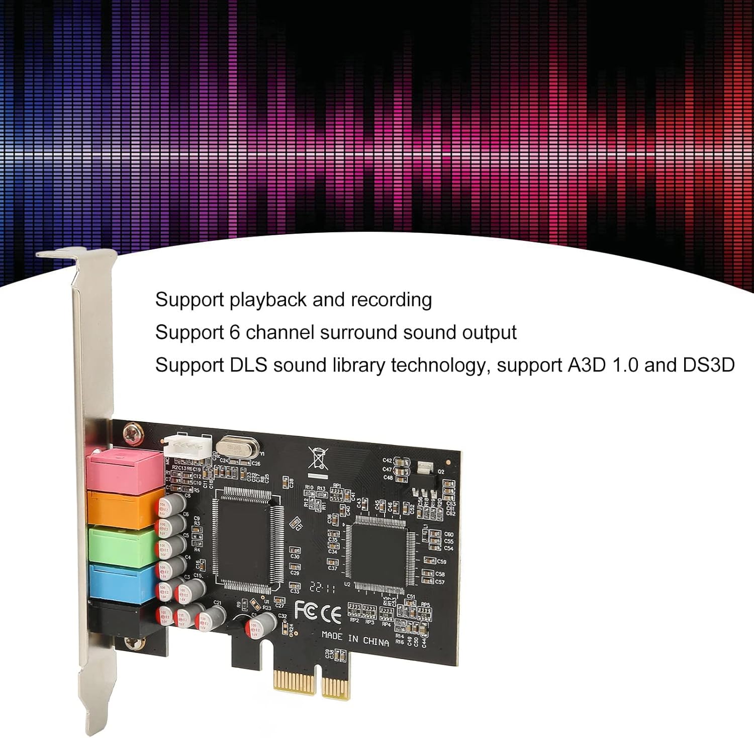 PCIE 5 Sound Card 24Bit 48KHz 6 Channel Surround Sound (8) SPC092 PCIE 5 Sound Card 24Bit 48KHz 6 Channel PCIE 5.1 Sound Card, Multi Channel Sound Chip Supports 6 Channel Surround Sound, 24Bit 48KHz PC Internal Sound Card, with PCI Express Port Suitable for Home Theater Large 3D Games Listening to Music |SPC092