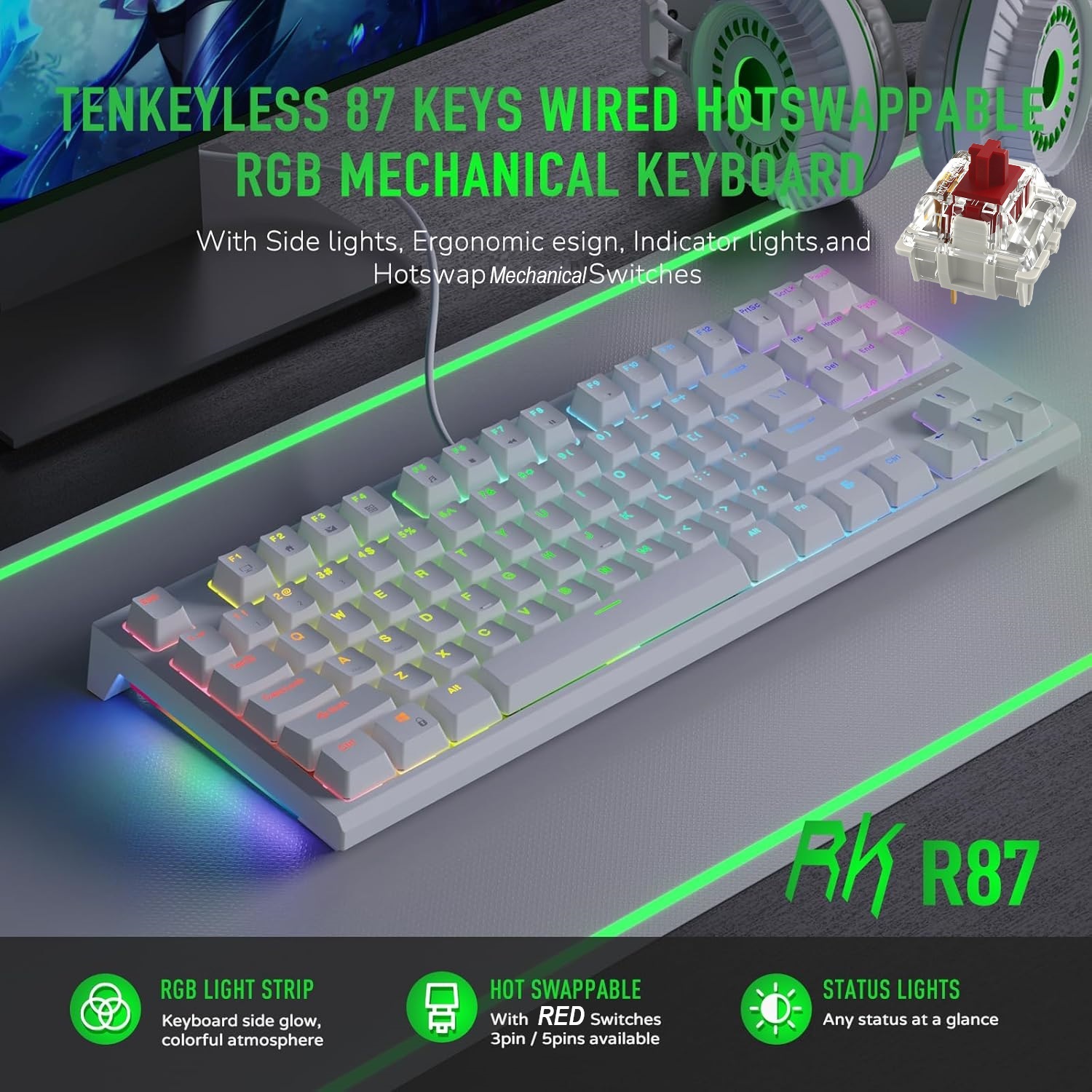 RK ROYAL KLUDGE R87 Mechanical Wired Keyboard Hot Swappable (7) RK-R87-WHITE-RED RK ROYAL KLUDGE R87 Mechanical Wired RK ROYAL KLUDGE R87 Mechanical Wired Keyboard, 75% Layout Hot Swappable Wired Gaming Keyboard Software Macro Compact RGB Backlit PC Game Keyboards 87 Keys for Win Mac, RED Switch | WHITE