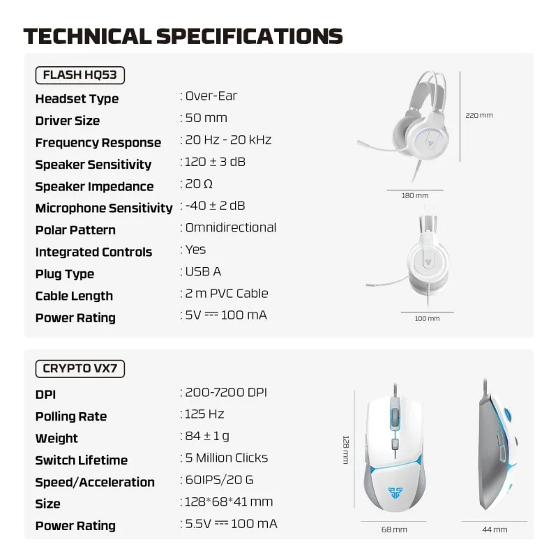FAN-P51-WHITE FANTECH P51 5 in 1 WHITE Power Bundle FANTECH P51 PC Gamer Basic 5 in-1 Gaming Set Gaming Keyboard and Mouse Combo, Gaming Headset and Headphone Stand Gaming Mouse Pad Wired RGB Rainbow Backlight  Fantech P51 5 in 1 WHITE Power Bundle : Flash HQ53 Headset , Tower II AC304 Headset Stand , Shikari K515 Gaming Keyboard , Vigil MP356 Mousepad , Crypto VX7 Gaming Mouse 