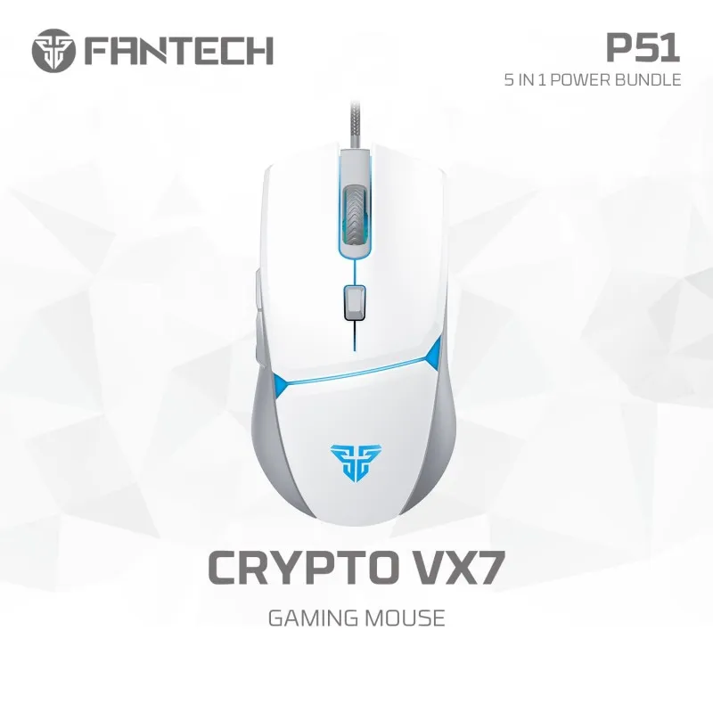 FAN-P51-WHITE FANTECH P51 5 in 1 WHITE Power Bundle FANTECH P51 PC Gamer Basic 5 in-1 Gaming Set Gaming Keyboard and Mouse Combo, Gaming Headset and Headphone Stand Gaming Mouse Pad Wired RGB Rainbow Backlight  Fantech P51 5 in 1 WHITE Power Bundle : Flash HQ53 Headset , Tower II AC304 Headset Stand , Shikari K515 Gaming Keyboard , Vigil MP356 Mousepad , Crypto VX7 Gaming Mouse 