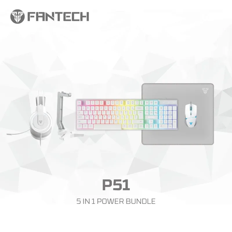 FAN-P51-WHITE FANTECH P51 5 in 1 WHITE Power Bundle FANTECH P51 PC Gamer Basic 5 in-1 Gaming Set Gaming Keyboard and Mouse Combo, Gaming Headset and Headphone Stand Gaming Mouse Pad Wired RGB Rainbow Backlight  Fantech P51 5 in 1 WHITE Power Bundle : Flash HQ53 Headset , Tower II AC304 Headset Stand , Shikari K515 Gaming Keyboard , Vigil MP356 Mousepad , Crypto VX7 Gaming Mouse 