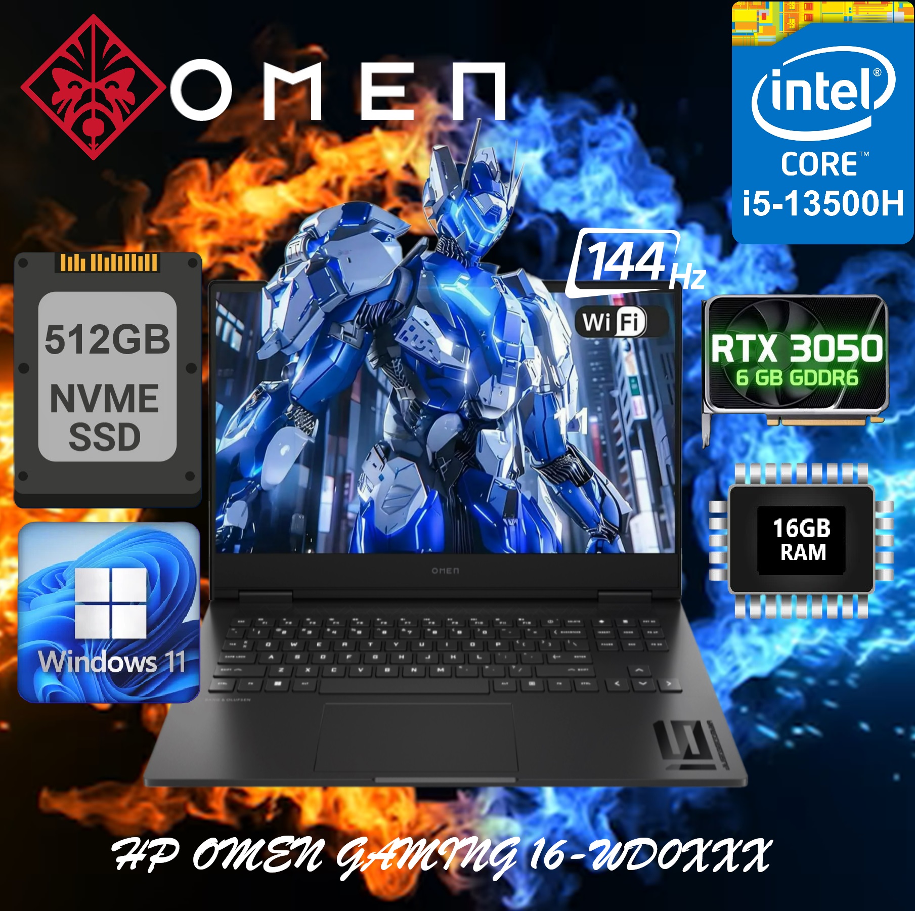 fire-ice-concept 9G074U8R#ABA HP OMEN GAMING 16-WD0XXX Intel® Core™ i5-13500H | 16GB DDR5 RAM ; 512 GB PCIe® NVMe™| 16.1" FHD Display 144Hz| RTX™ 3050 , 6GB | Windows 11 | White Backlit keyboard | Black