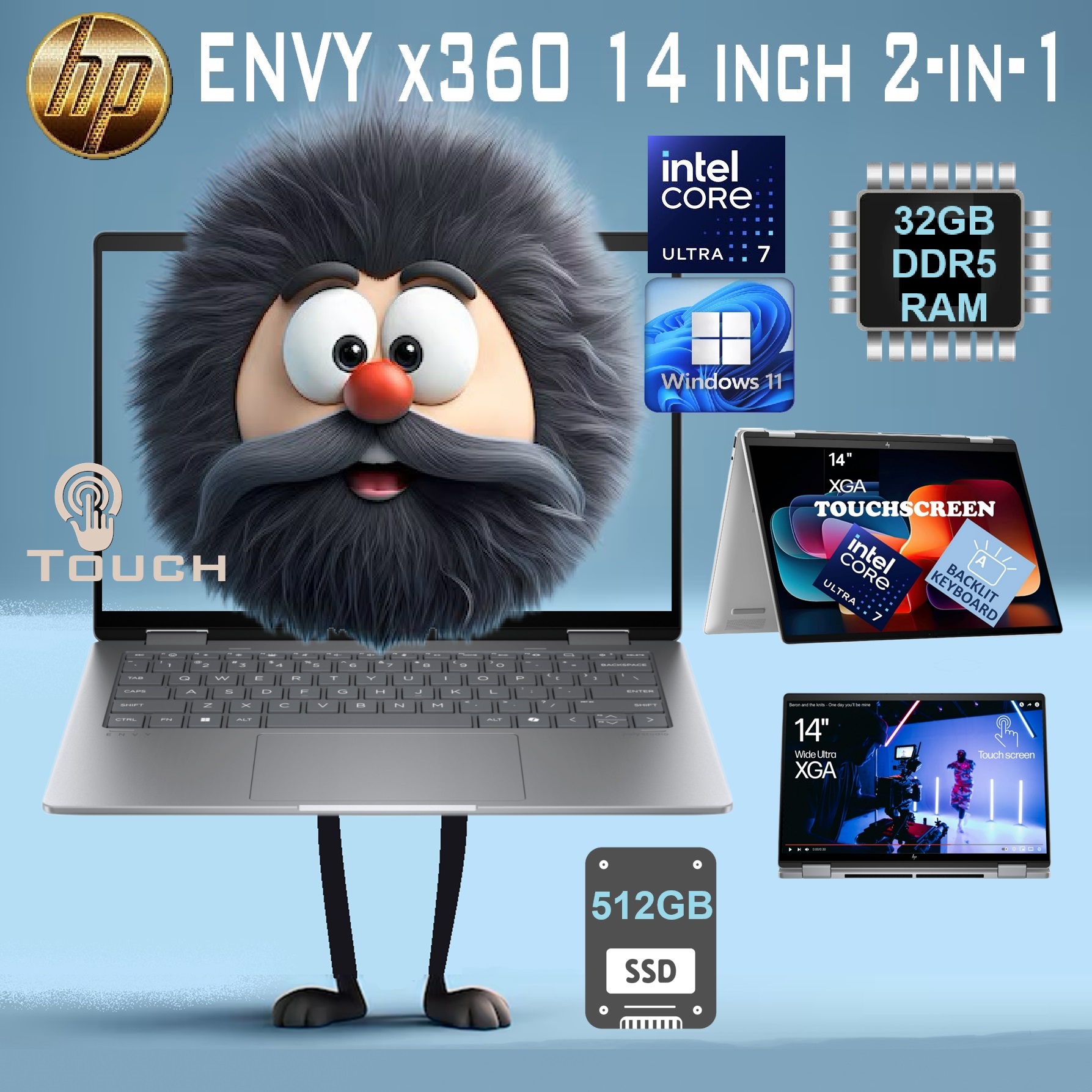 funny-3d-cartoon-c 9S1R9UA#ABA HP Envy x360 14 inch TouchScreen 32GB RAM HP Envy x360 14-F0XXX Intel® Core™ Ultra 7 155U | 32 GB DDR5 RAM ; 512GB SSD | Windows 11 | Smart Sensors & DTS Audio | Backlit Keyboard |14" WUXGA Touch Display | Meteor Silver ~ Factory Refurb