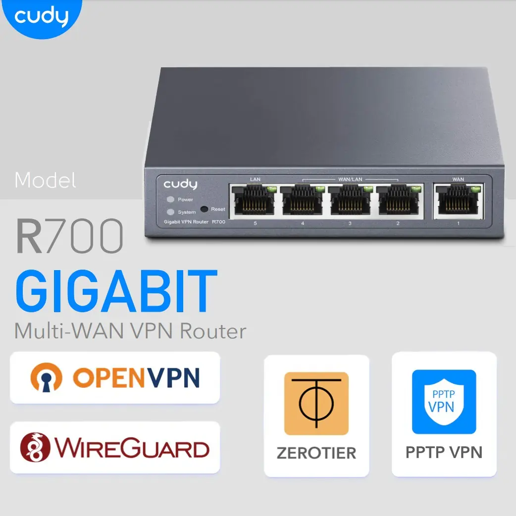 R700-EU-V1.0 Cudy Gigabit Multi-WAN VPN Router w 4 Ports Cudy Gigabit Multi-WAN VPN Router, Up to 4 Gigabit WAN Ports, SMB Router, Load Balance, Lightning Protection, PPTP L2TP WireGuard OpenVPN IPsec VPN Router | R700