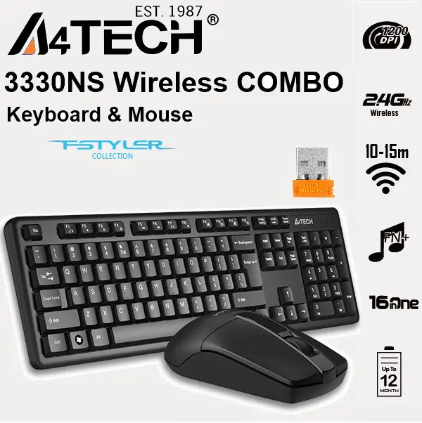 1909592009453566 A4TECH-3000NS Wireless Desktop COMBO Keyboard and Mouse A4TECH 3330NS Wireless Desktop COMBO Keyboard & Mouse, 1200 DPI Optical Sensor, 2.4GHz Wireless, 12 Hotkeys, Silent Click Option, Laser-Engraved Keys, Up to 12 Months Battery Life, USB Receiver | BLACK