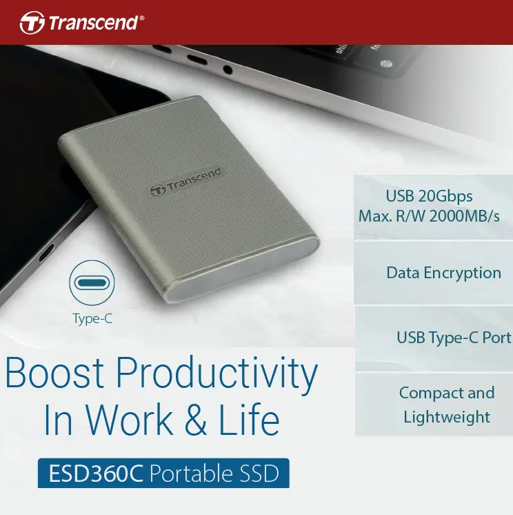 2c3fd73d-db6_SX970_V1___ TS1TESD360C Transcend 1TB External SSD Type-C 20Gbps Transcend 1TB ESD360C External Portable SSD ; 20Gbps USB Type-C Up to 2,000 MB/s Speed ; Military Grade ; for Photographers, Content Creators and Gaming, Supports iPhone ProRes 4K | GREY