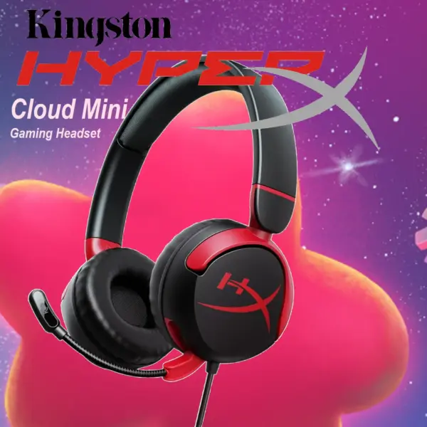 7G8F4AA Cloud Mini Wired Gaming Headset for Kids HyperX Cloud Mini Gaming Headset for Kids ; Volume level below 85dB ; Immersive audio ; Durable tuck-away boom microphone ; Lightweight comfort ; Adjustable, rotating earcups ; Multiplatform compatibility | BLACK & RED