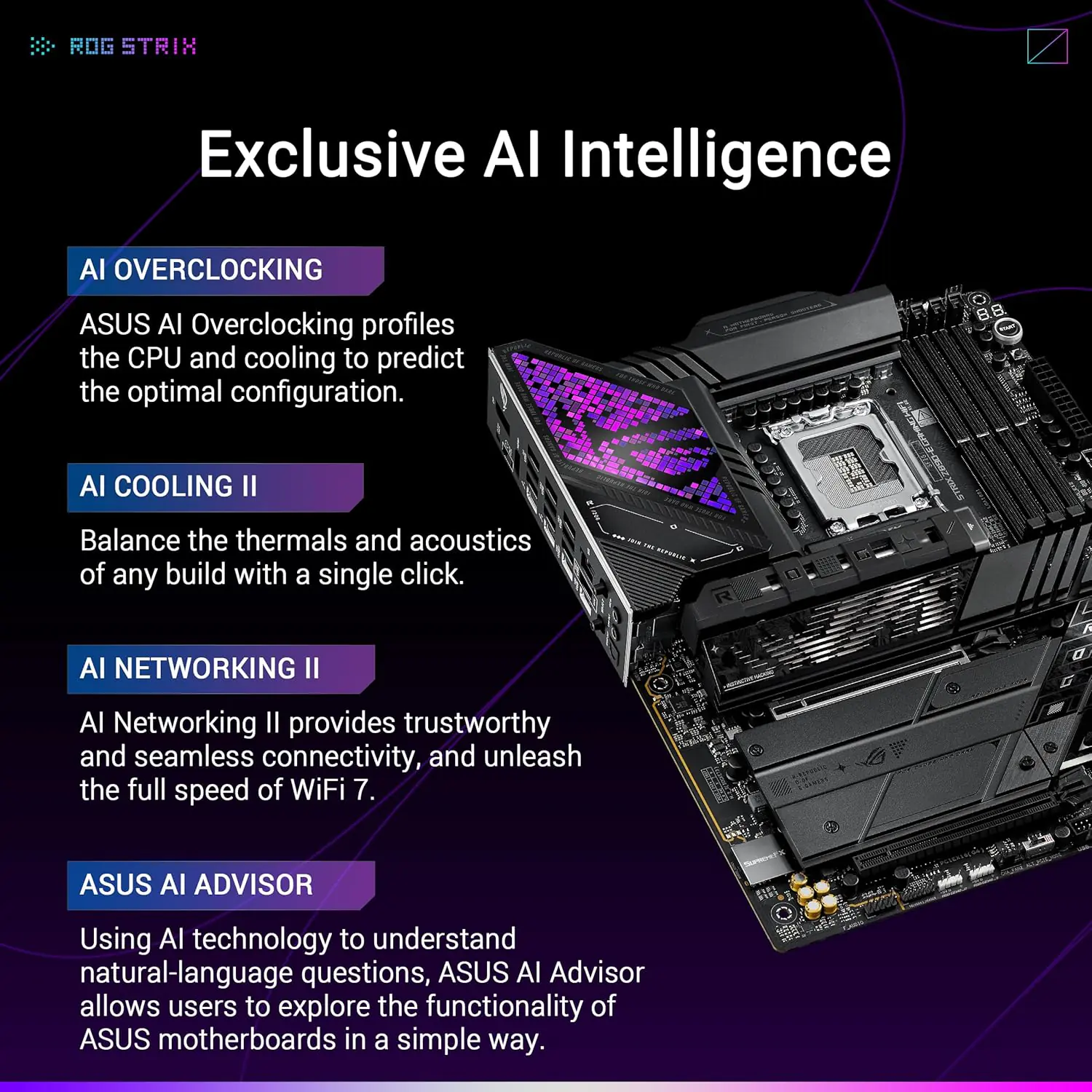 91KHuU 90MB1IM0-M0AAY0 ROG STRIX Z890-E GAMING WIFI Motherboard DDR5 ASUS ROG STRIX Z890-E GAMING WIFI Intel® Z890 LGA 1851 ATX motherboard, Advanced AI PC-ready, 18+2+1+2 stages, DDR5, WiFi 7, 7x M.2, Thunderbolt™ 4, USB Type-C®, AI Overclocking, Cooling & Networking