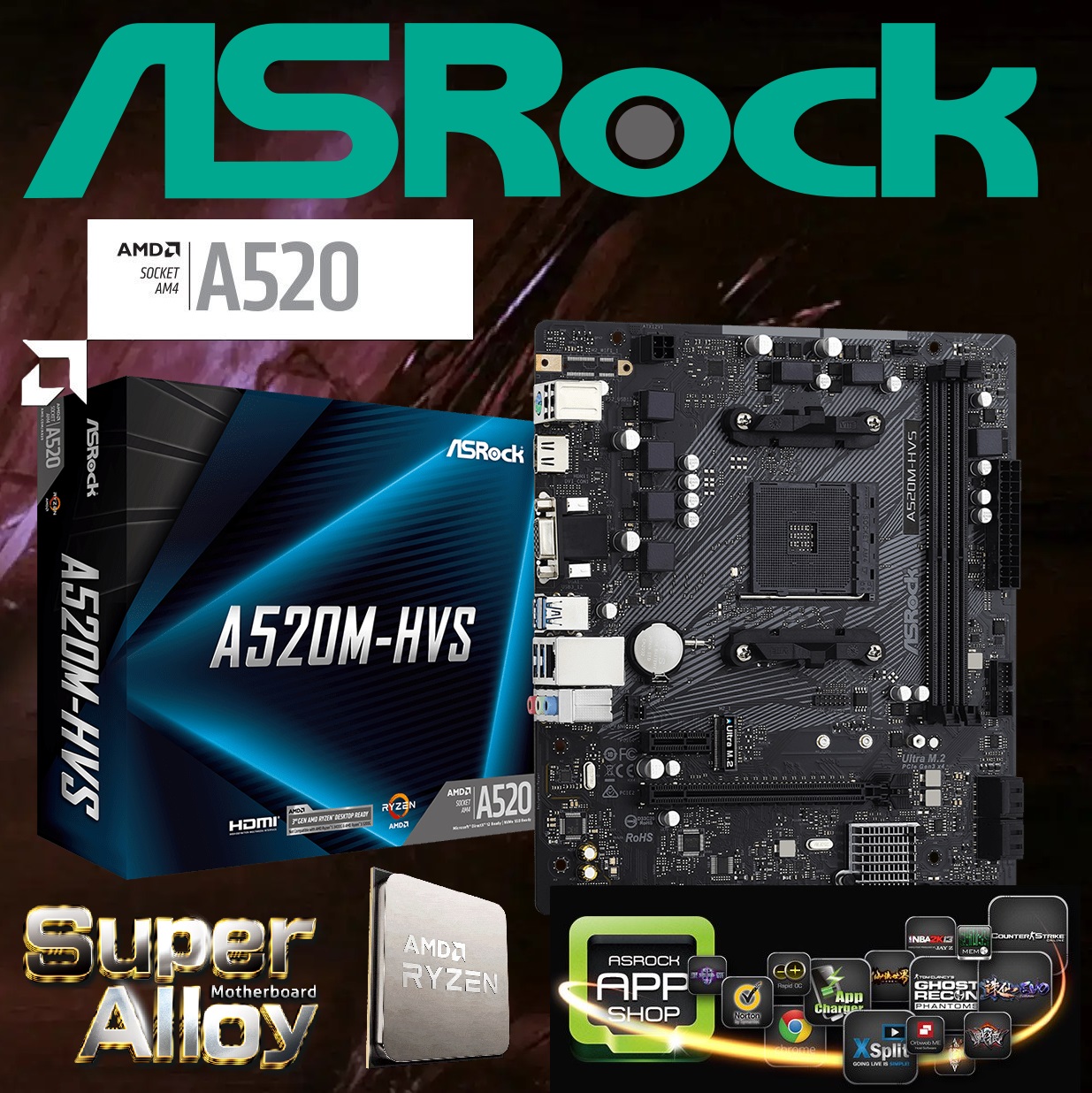 ASRock A520M-HVS AM4 AMD A520 Micro ATX Motherboard SATA 6Gb (1) ASROCK-A520M-HVS A520M-HVS AM4 AMD A520 Micro ATX Motherboard ASRock A520M-HVS AM4 AMD A520 SATA 6Gb/s Micro ATX AMD Motherboard ; Supports AMD AM4 Socket Ryzen™ 3000, 3000 G-Series, 4000 G-Series, 5000 and 5000 G-Series ; Supports DDR4 4733+ (OC)