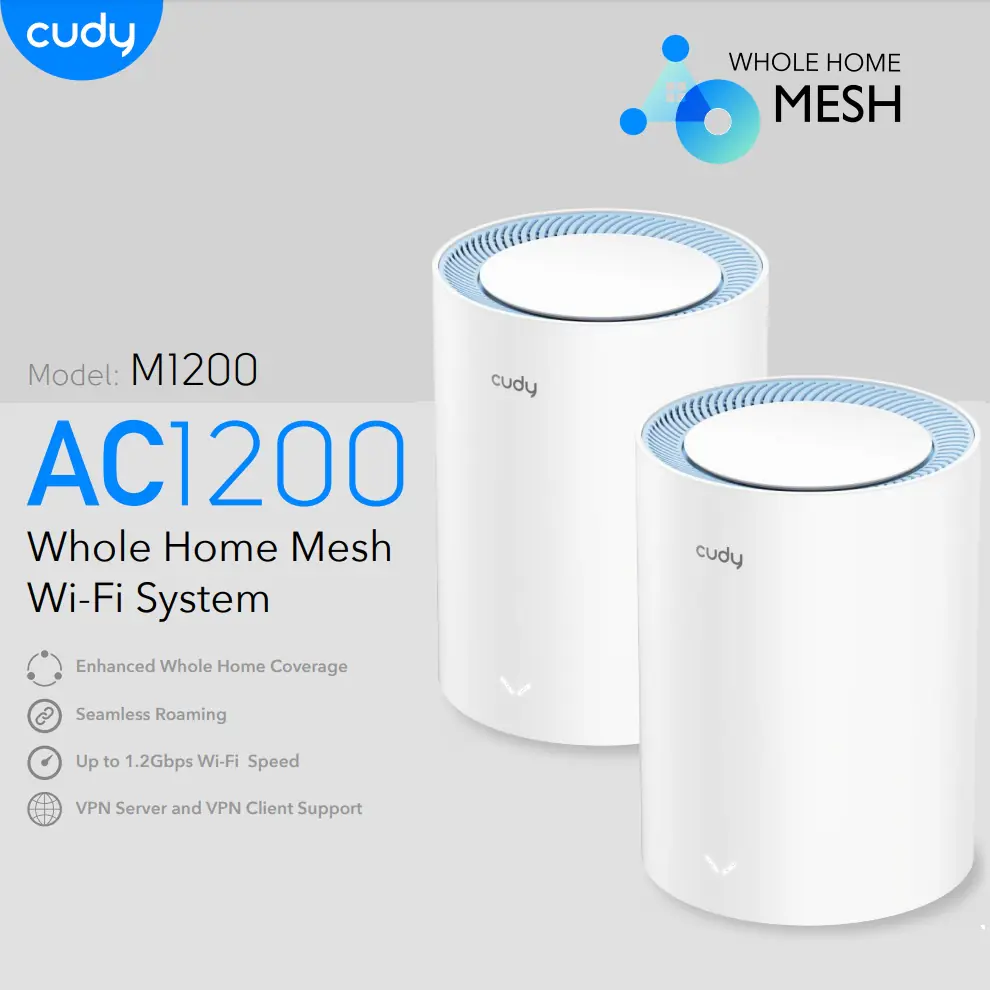 M1200(2-PACK)-EU 2-Pack AC1200 Mesh Dual-Band WiFi Router Cudy M1200 2-Pack AC1200 Whole Home Mesh 4-Stream Dual-Band WiFi Router & Range Extender;  2× Fast Ethernet Ports ; MU-MIMO, Beamforming 2 ; VPN Server and Client | 2 PCS WHITE 
