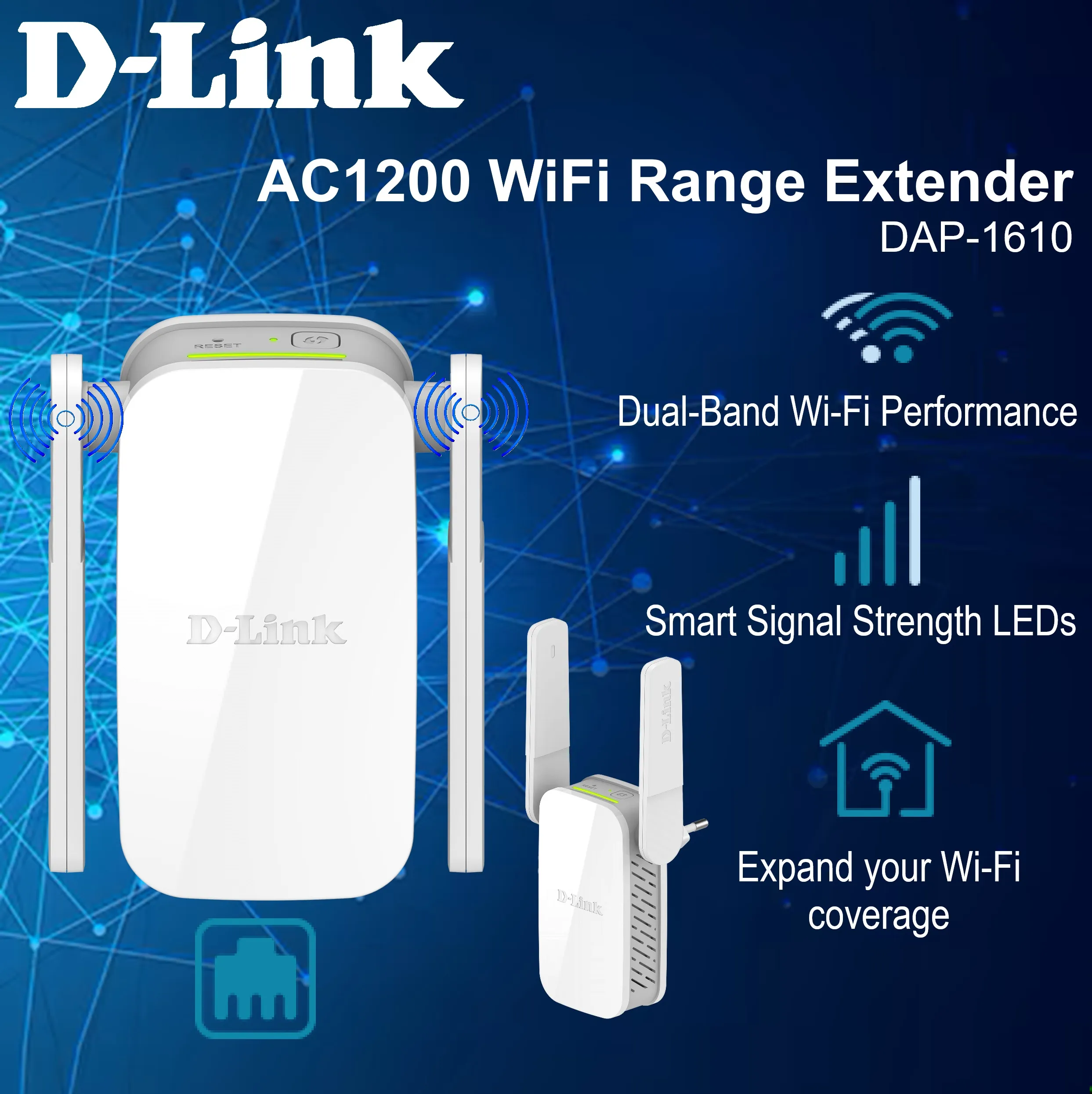 DAP-1610 AC1200 Mesh Wi-Fi Range Extender Access Point D-Link DAP-1610 AC1200 Mesh Wi-Fi Range Extender- Cover up to 1550 sq. ft. and 30 Devices - Dual Band, Mesh, Booster, Repeater, Access Point, Extend Wi-Fi in Your Home, Ethernet Port