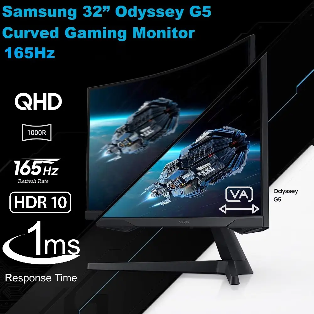 LS32CG550ECXXF VA QHD 165Hz 1ms 32 inch Curved Gaming Monitor Samsung 32 inch Odyssey G5 G550 Curved Gaming Monitor with QHD 2560x1440 Resolution, 165Hz Refresh Rate, 1ms Response Time, HDR10, FreeSync, 1000R Curvature, Eye Saver Mode, Flicker-Free, and Enhanced Gaming Features for Seamless Action. LS32CG550ECXXF VA QHD 165Hz 1ms 32 inch Curved Gaming Monitor Samsung 32 inch Odyssey G5 G550 Curved Gaming Monitor with QHD 2560x1440 Resolution, 165Hz Refresh Rate, 1ms Response Time, HDR10, FreeSync, 1000R Curvature, Eye Saver Mode, Flicker-Free, and Enhanced Gaming Features for Seamless Action.