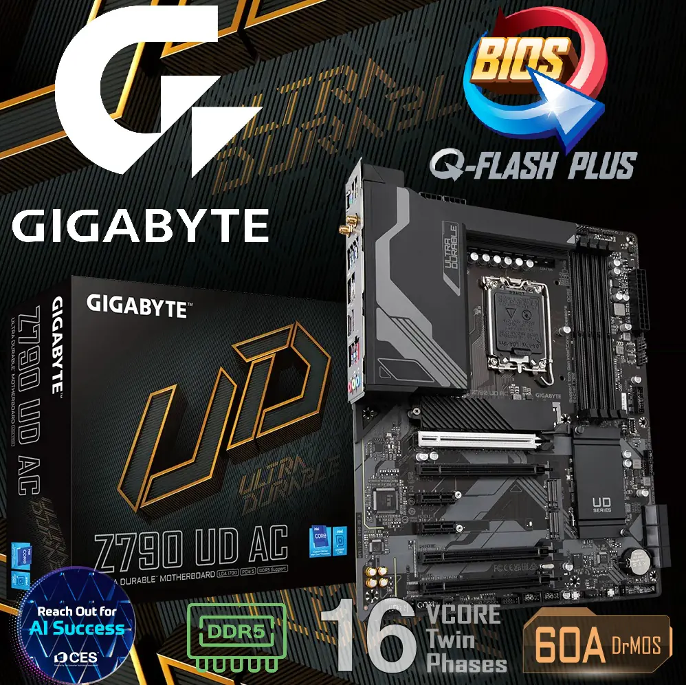 GIGABYTE Z790 UD AC DDR5 Motherboard (1) GIGABYTE-Z790-UD-AC GIGABYTE Z790 UD AC DDR5 Motherboard GIGABYTE Z790 UD AC LGA 1700 Intel Z790 ATX Motherboard with DDR5, Supports Intel® Core™ 14th/ 13th /12th Processors , Triple M.2, PCIe 5.0, USB 3.2 Gen2X2 Type-C, Intel Wi-Fi, 2.5GbE LAN, PCIe EZ-Latch, Multi-Key