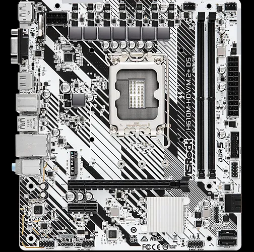 90-MXBM50-A0UAYZ ASRock H610M-HDV DDR5 Micro ATX MotherBoard ASRock  H610M-HDV/M.2+ D5 LGA 1700 DDR5 Micro ATX MotherBoard ; Intel H610 SATA 6Gb/s ; Supports 14th, 13th & 12th Gen ; Integrated Graphics Chipset  ; Intel Extreme Memory Profile (XMP) 3.0 ;  7.1 Audio Channels 