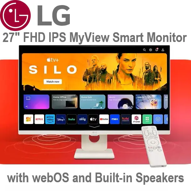 27SR50F-W 27 inch FHD IPS MyView Smart Monitor w webOS LG 27" Full HD IPS MyView Smart Monitor with webOS and Built-in Speakers ; FHD (1920 x 1080) ; ThinQ Home Dashboard & Magic Remote Support ; HDR10, Flicker Safe ; AirPlay 2, Screen Share, Bluetooth | WHITE 27SR50F
