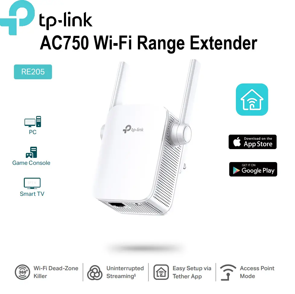 TP-Link AC750 Mesh Wi-Fi Range Extender RE205 Dual Band (3) RE205 TP-Link AC750 Mesh Wi-Fi Range Extender RE205 TP-Link AC750 Mesh Wi-Fi Range Extender RE205 ; Dual Band 2.4 GHz (300 Mbps) & 5 GHz (433 Mbps) ; Wi-Fi Dead-Zone Killer ; External Antennas ; Smart Signal Indicator ; Compatible with Windows, macOS, Linux | RE205 WHITE