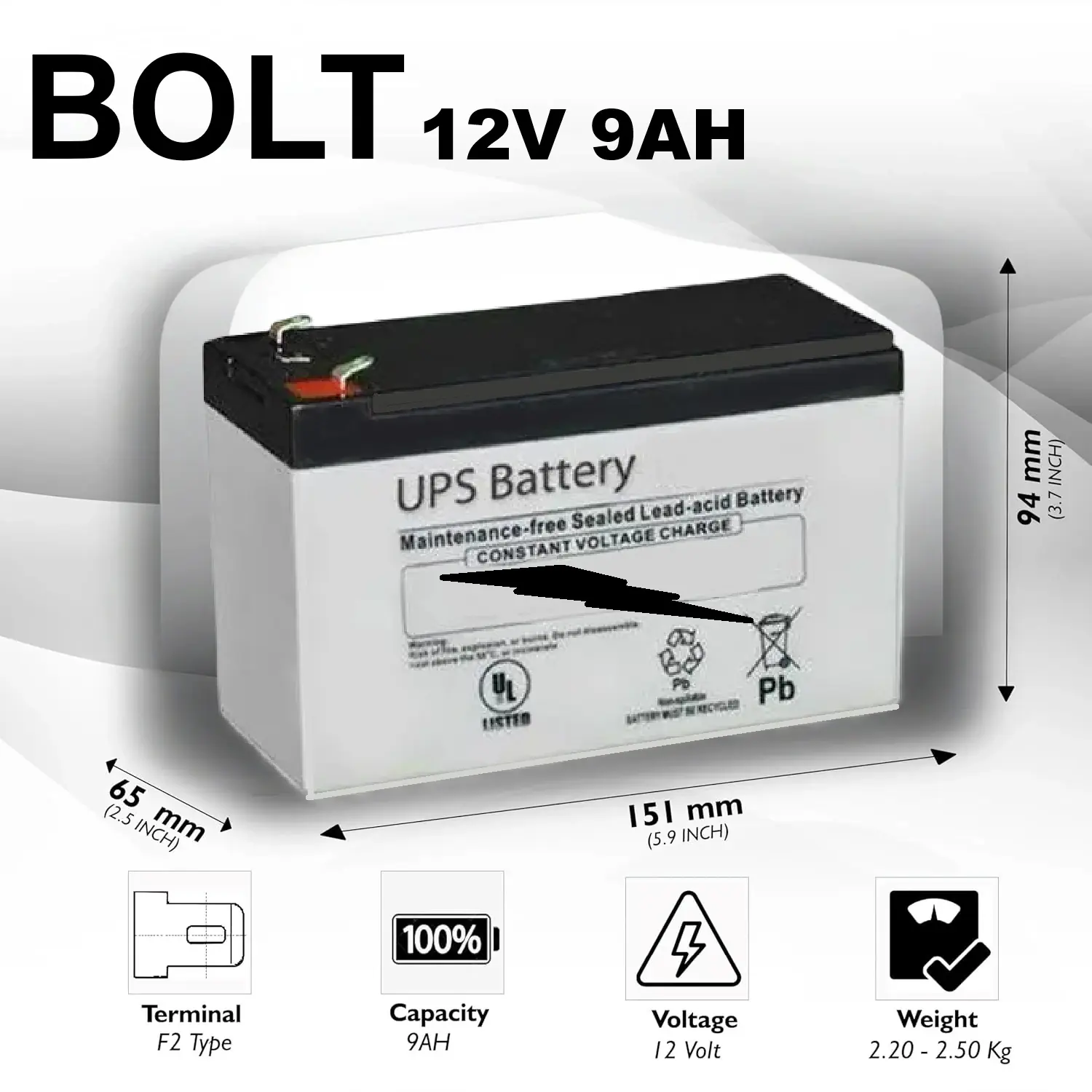 UPS-BATTERY-BOLT-9A BOLT UPS Battery 12V 9AH SLA Rechargeable Replacement Battery with T2 Terminal for UPS Back Up  , Electric Scooter, Emergency Lighting, Wheel Chair, and More