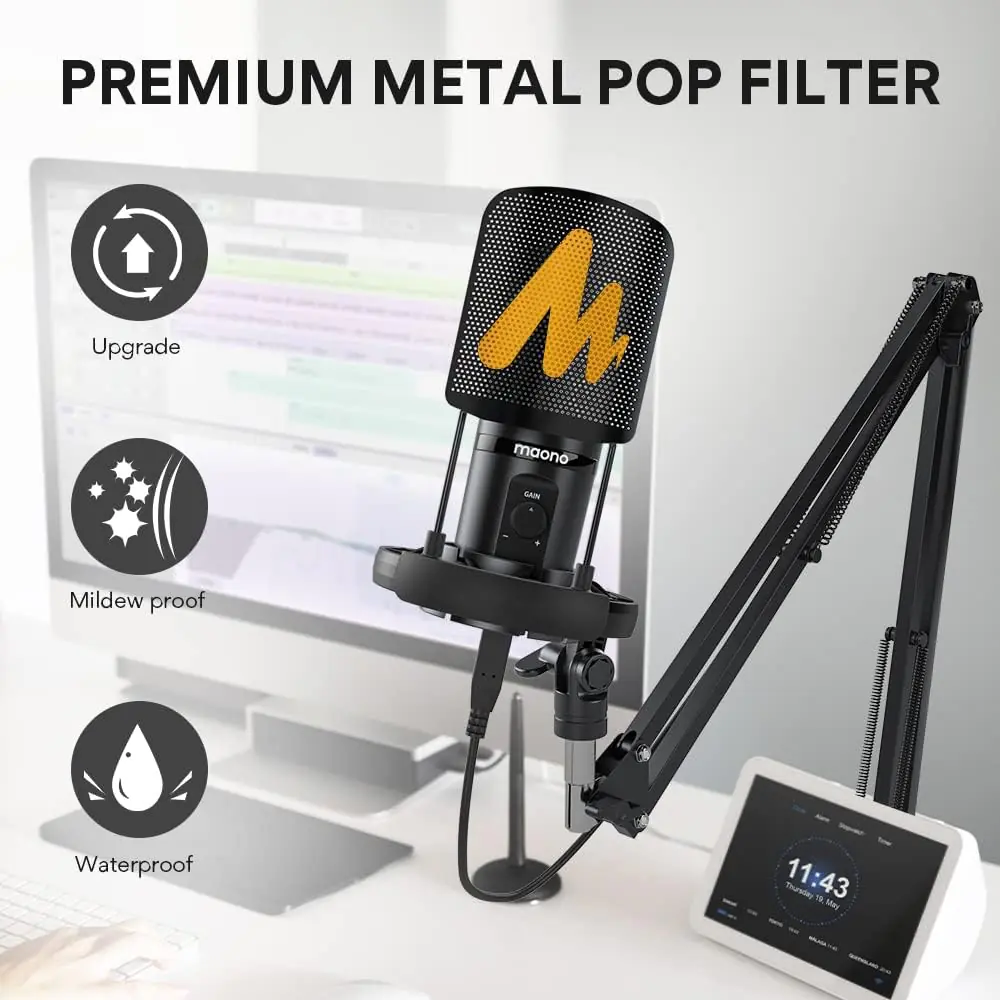 PRO-MIC-LARGE-STAND USB Condenser Mic with Gain and Boom Arm Pop USB Condenser Mic for PC Gaming and Singing, ALL-IN-ONE Microphone Kit with Mic Gain, Boom Arm, Pop Filter for YouTube Recording, Gaming, Podcasting | Maono PM461S