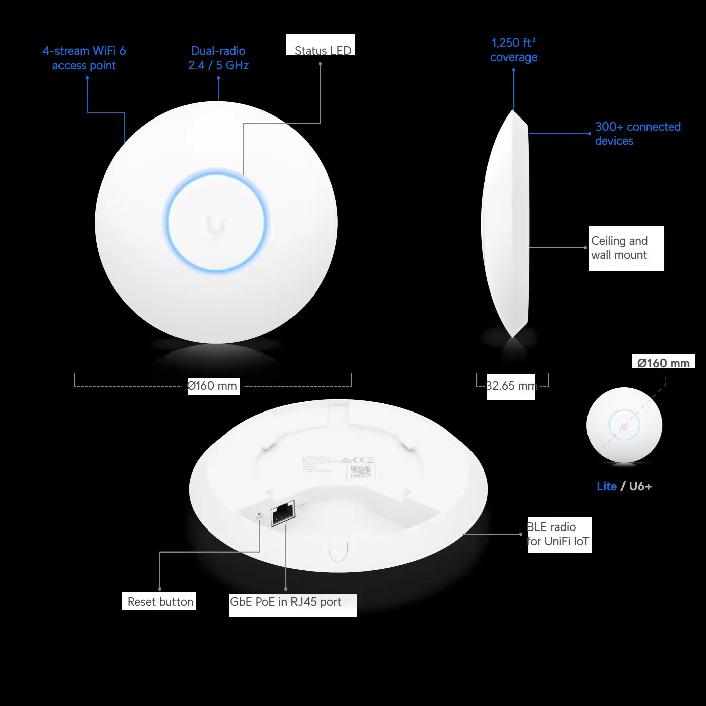 Untitled54178 US-LITE-US Ubiquiti U6 Lite WiFi 6 Access Point Compact Ubiquiti U6 Lite Compact Ceiling-Mounted WiFi 6 Access Point with 4 Spatial Streams, 115 m² Coverage, 300+ Devices, PoE Power, Gigabit Ethernet Uplink, WPA3 Security, and 1.2 Gbps Data Rate for Small Office, Commercial, and Home Use