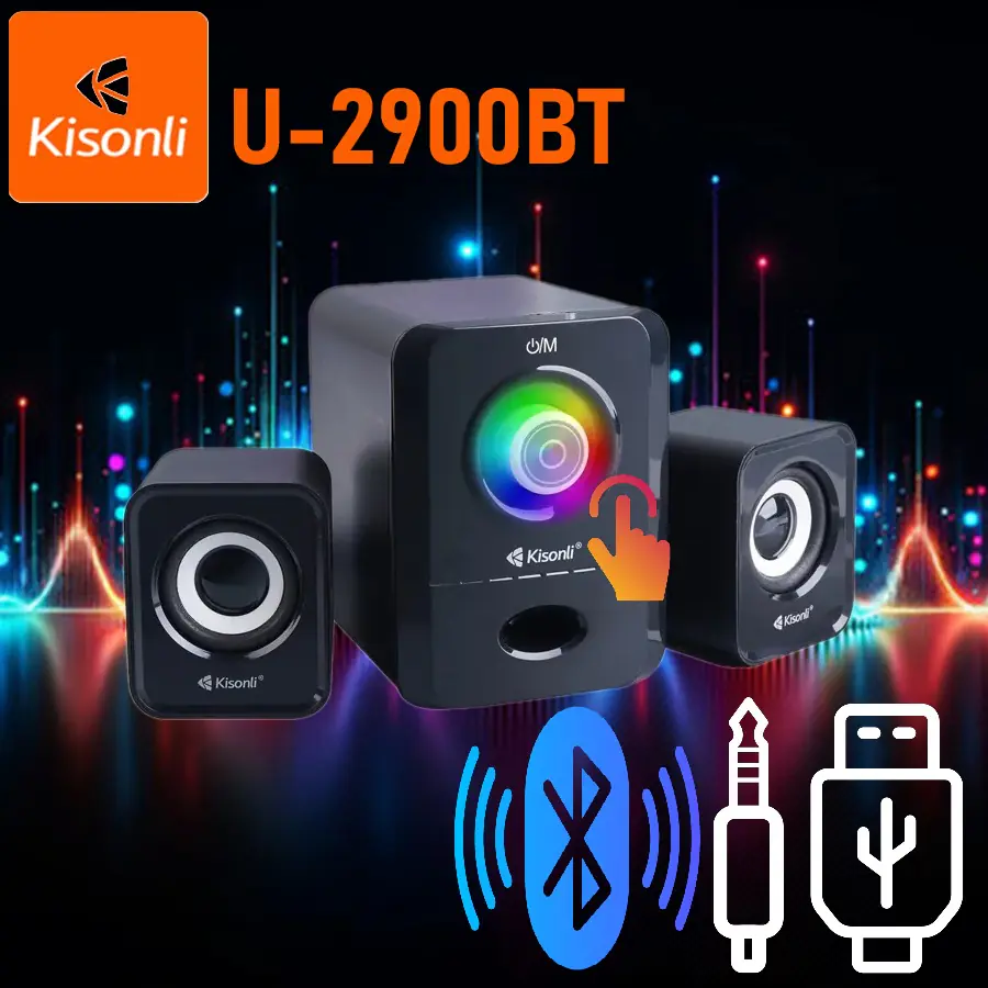 U-2900BT Touch Subwoofer Speakers w Bluetooth AUX USB Kisonli U-2900BT 2.1 USB Computer Speakers with Bluetooth 5.0, Subwoofer, AUX, Colorful LED Lights, Touch Control, and USB Power Supply for Home Theater, Outdoor, and Gaming