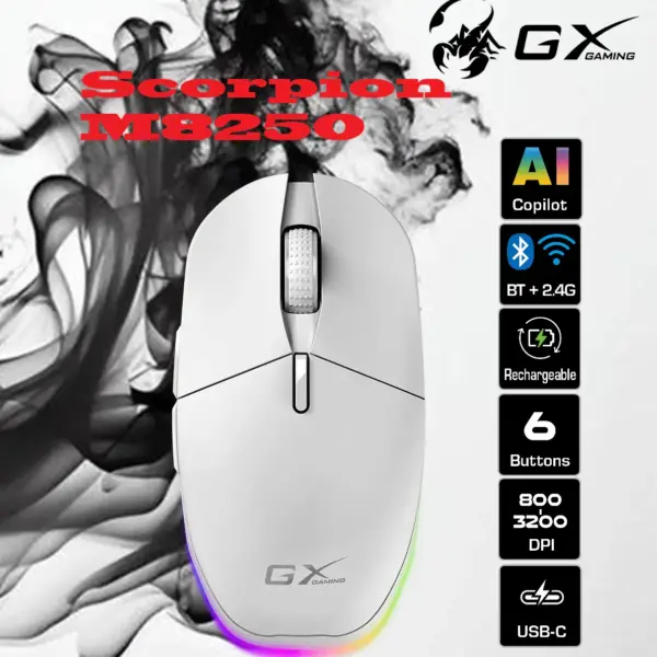 SCORPION-M8250-W Wireless and Bluetooth White RGB Gaming Mouse Genius Scorpion M8250 Wireless 2.4GH Bluetooth Rechargeable Gaming Mouse with LED, Dual Mode (Bluetooth 5.0 & 2.4GHz) , RGB Backlighting, Adjustable DPI (800-3200), AI Copilot Key, USB-C Charging, for Gaming and Work | WHITE