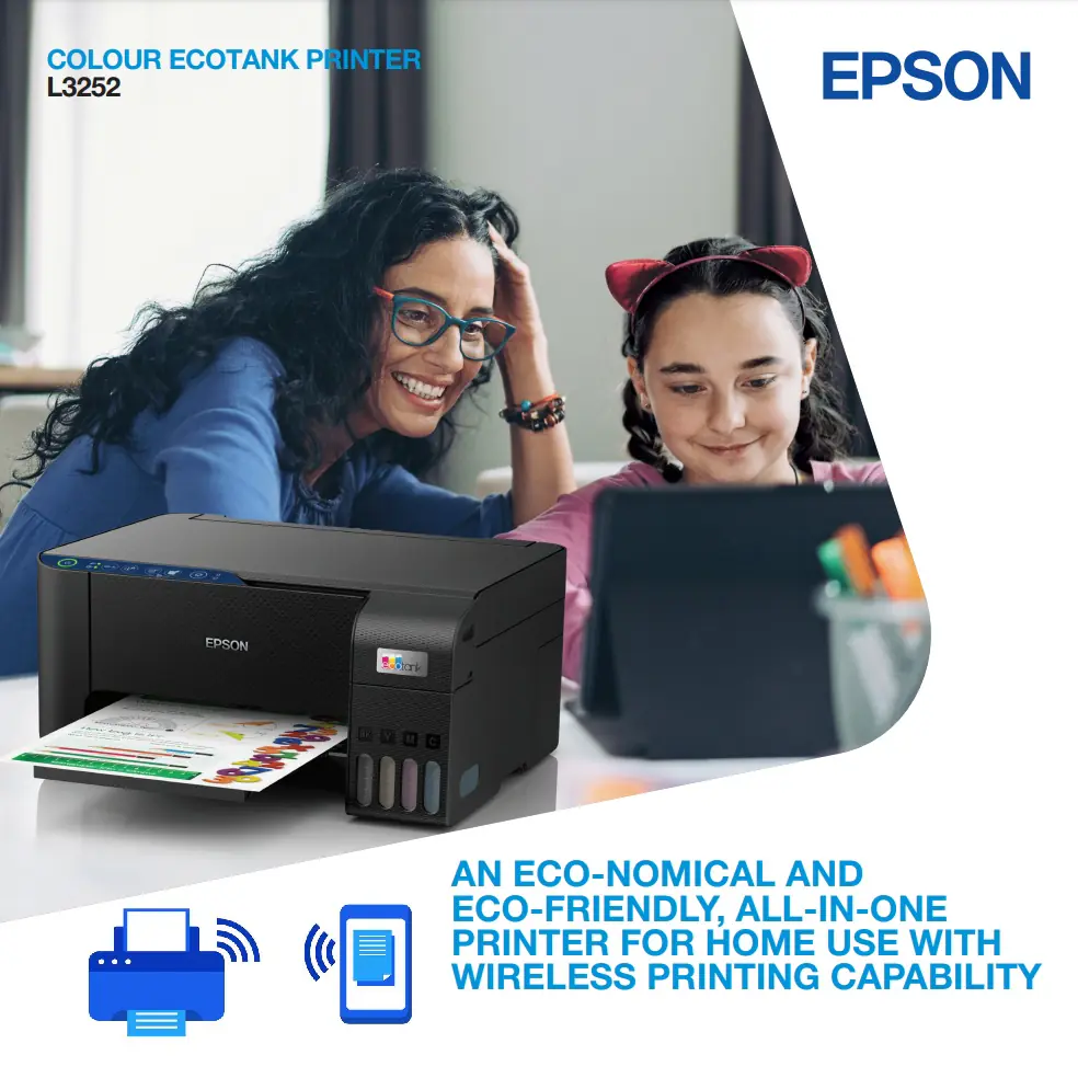 g025-01-22 180246 ECOTANK-L3252 L3252 Epson Wi-Fi All-in-One Ink Tank Printer Epson EcoTank L3252 A4 Wi-Fi All-in-One Ink Tank Printer with High-Yield Ink Bottles, Borderless Printing, 5760 dpi Resolution, Epson Heat-Free Technology, Wireless Printing, and Epson Smart Panel App