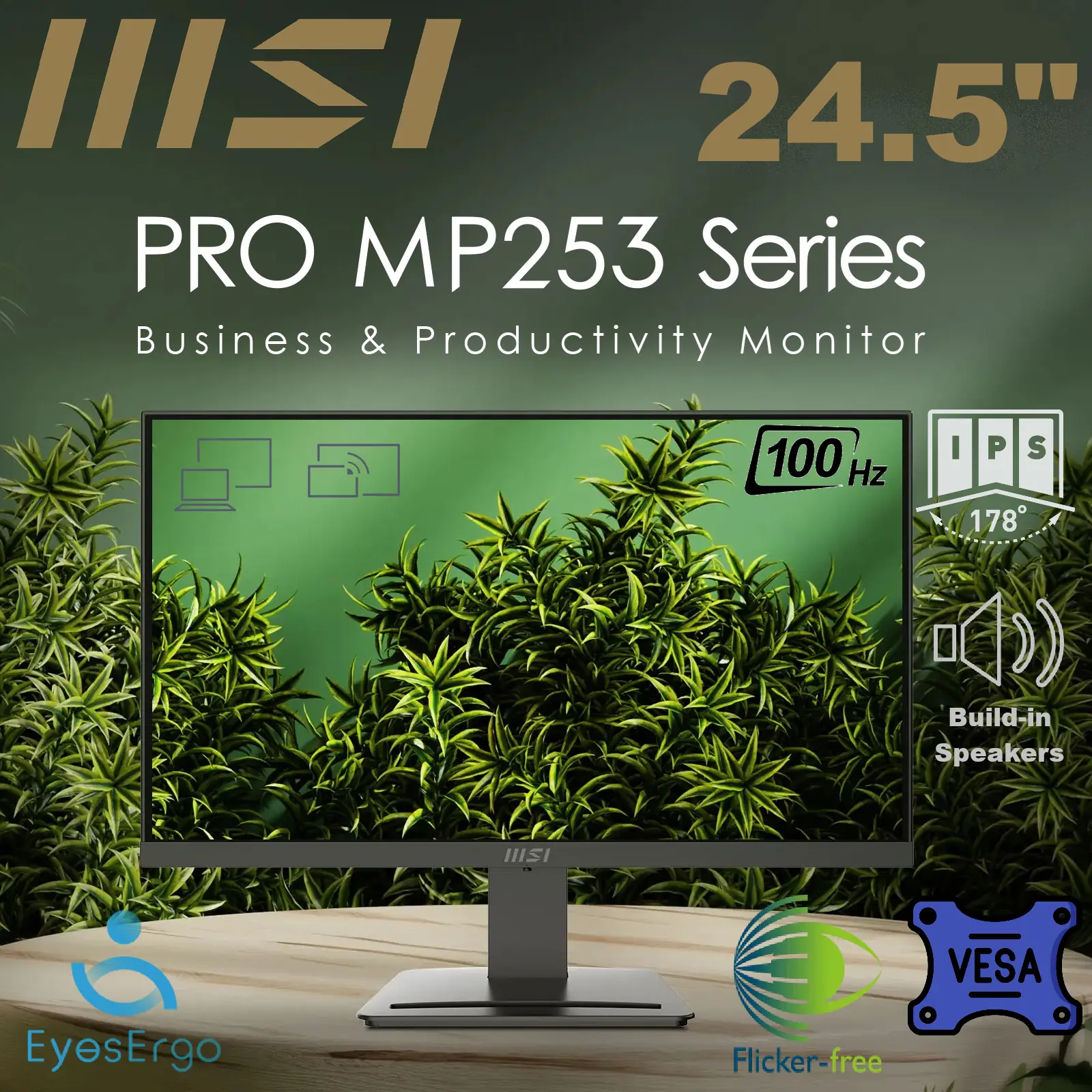 power-bg 9S6-3PC7CH-063 25 inch FHD 100hz 1ms IPS Monitor w Speakers MSI PRO MP253 24.5-inch IPS 1920 x 1080 (FHD) Computer Monitor, 100Hz, Adaptive-Sync, HDMI, DP Port, VGA Port, VESA Mountable, Tilt, Speaker, 1ms | BlackĀ