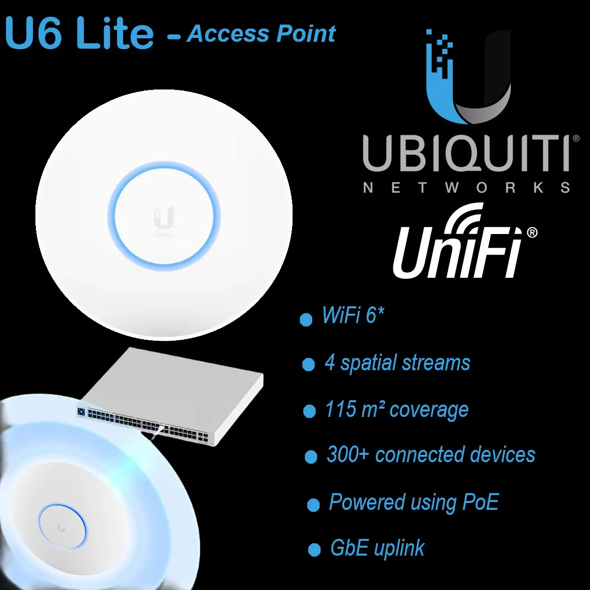 videoframe_1904dfh US-LITE-US Ubiquiti U6 Lite WiFi 6 Access Point Compact Ubiquiti U6 Lite Compact Ceiling-Mounted WiFi 6 Access Point with 4 Spatial Streams, 115 m² Coverage, 300+ Devices, PoE Power, Gigabit Ethernet Uplink, WPA3 Security, and 1.2 Gbps Data Rate for Small Office, Commercial, and Home Use