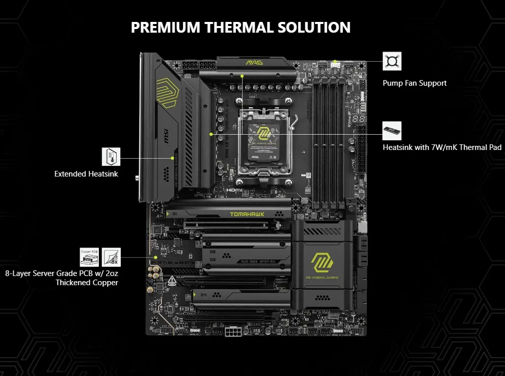 911-7E59-002 MAG X870E TOMAHAWK WIFI AM5 ATX Motherboard MSI MAG X870E TOMAHAWK WIFI AMD AM5 ATX Motherboard ;  Dual Channel DDR5 8400+ MT/s (OC) ; PCIe 5.0 slot, Lightning Gen 5 x4 M.2 ; Audio Boost 5 ; Frozr Guard Heatsink ; Supports AMD Ryzen™ 9000 / 8000 / 7000 Series
