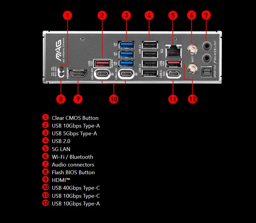 911-7E59-002 MAG X870E TOMAHAWK WIFI AM5 ATX Motherboard MSI MAG X870E TOMAHAWK WIFI AMD AM5 ATX Motherboard ;  Dual Channel DDR5 8400+ MT/s (OC) ; PCIe 5.0 slot, Lightning Gen 5 x4 M.2 ; Audio Boost 5 ; Frozr Guard Heatsink ; Supports AMD Ryzen™ 9000 / 8000 / 7000 Series