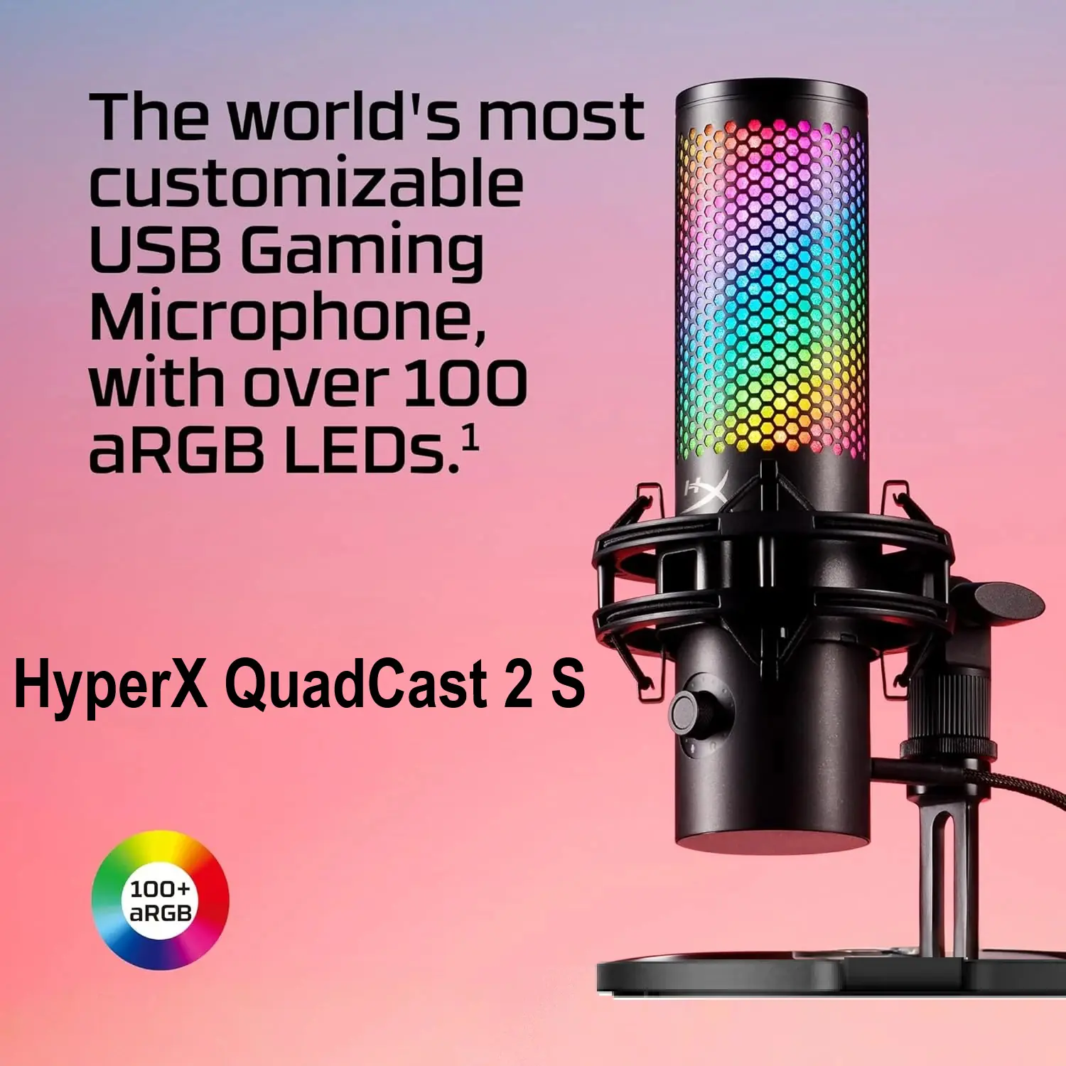 9A273AA HyperX QuadCast 2 S USB ARGB Microphone HyperX QuadCast 2 S USB Microphone with 32-bit/192kHz Audio, 100+ Customizable aRGB LEDs, Tap-to-Mute Sensor, Multifunction Knob, Detachable Shock Mount & Four Polar Patterns for Streamers | BLACK