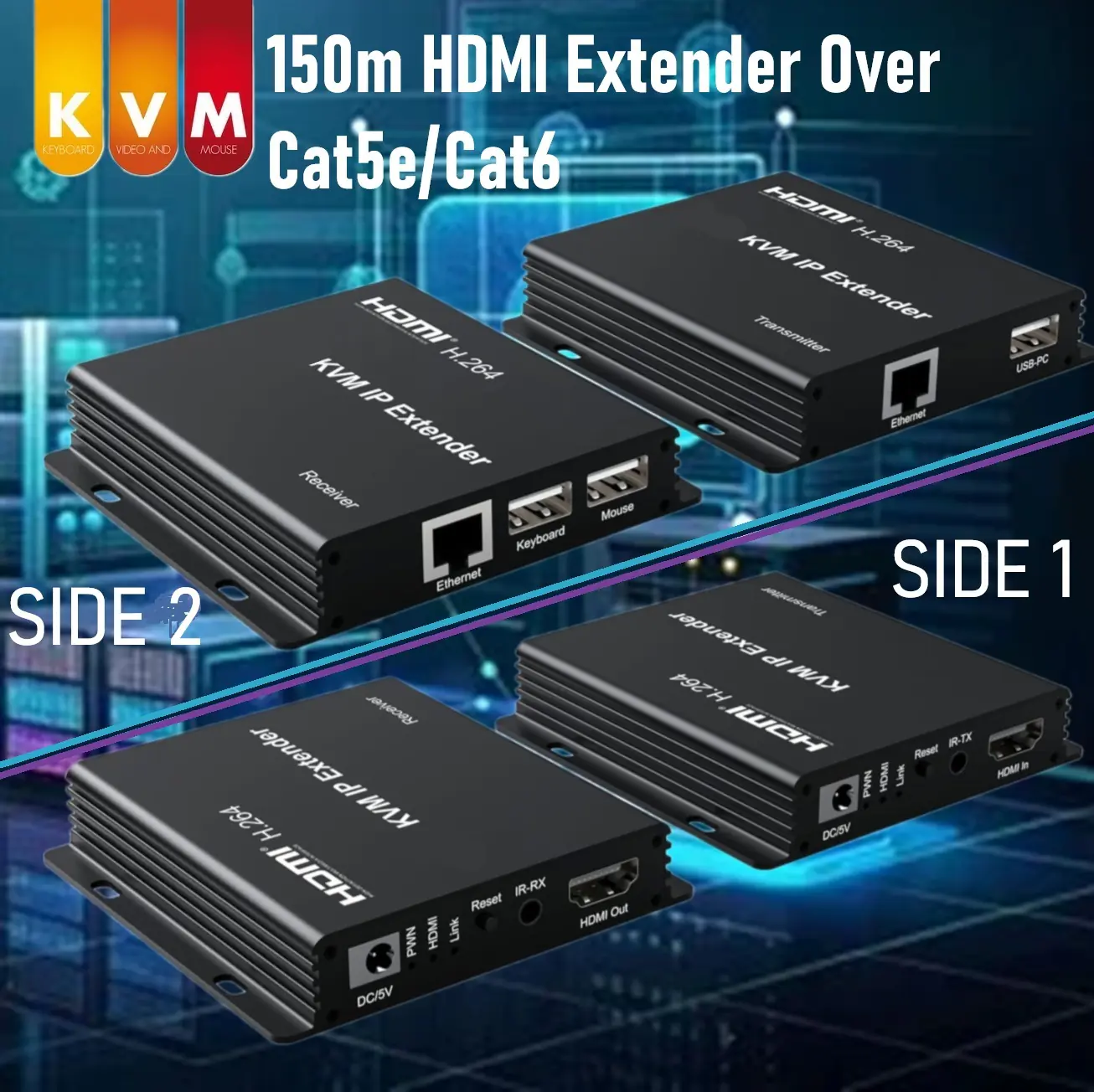 64158XFGJf61 HDMI-KVM-EXT-150M 150m HDMI KVM Extender Over Ethernet 150m HDMI Extender Over Cat5e/Cat6, Supports 1080P, IR Control, USB Keyboard & Mouse Extension, Low Power, Plug-and-Play, Ideal for Conference, Home Theater, and AV Applications